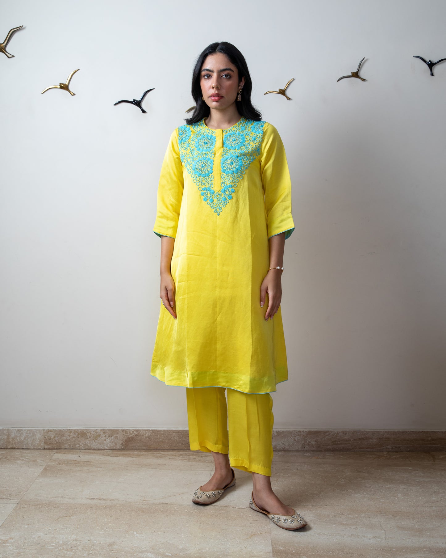 Mango yellow linen satin tunic set