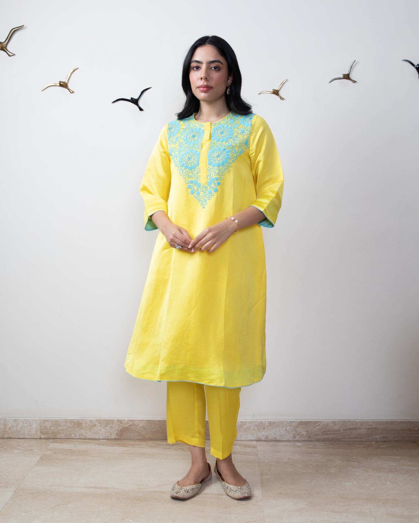 Mango yellow linen satin tunic set