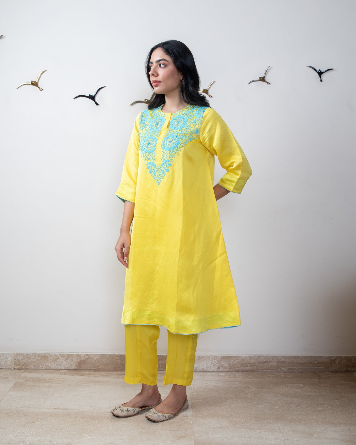 Mango yellow linen satin tunic set