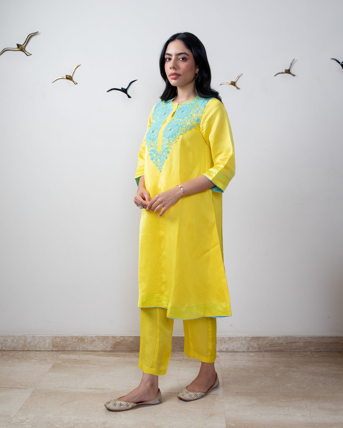 Mango yellow linen satin tunic set