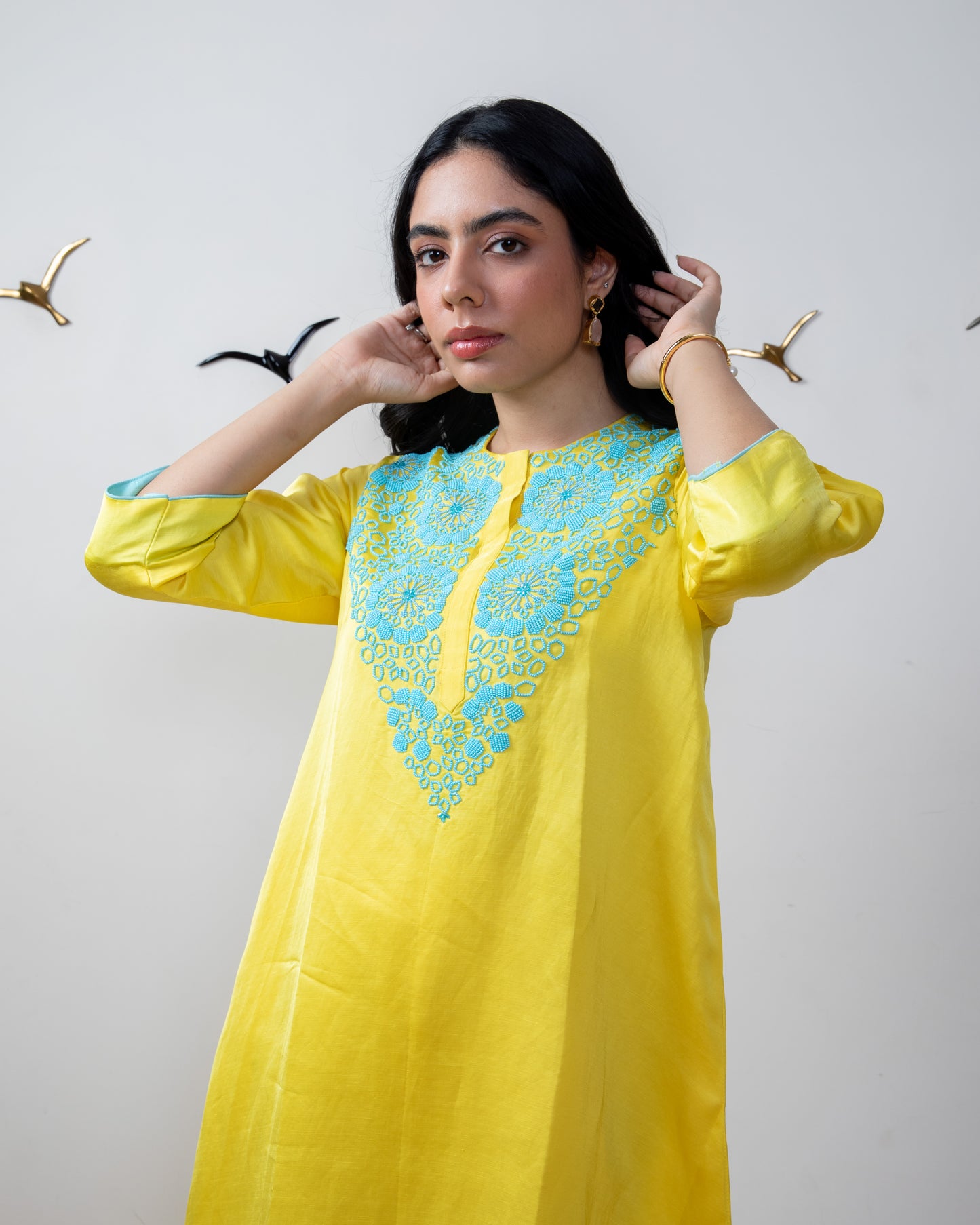 Mango yellow linen satin tunic set