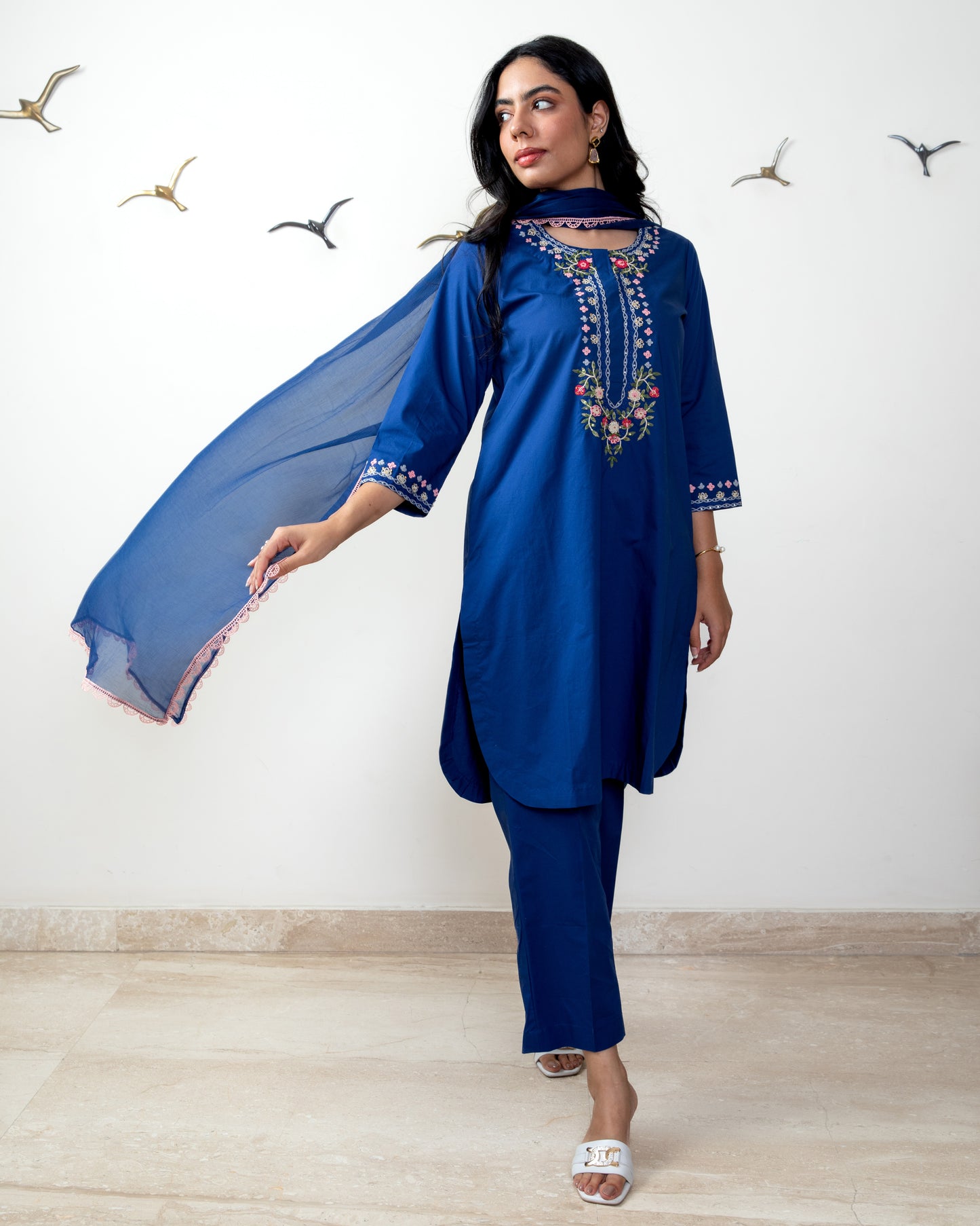 Navy blue tunic set with chiffon dupatta