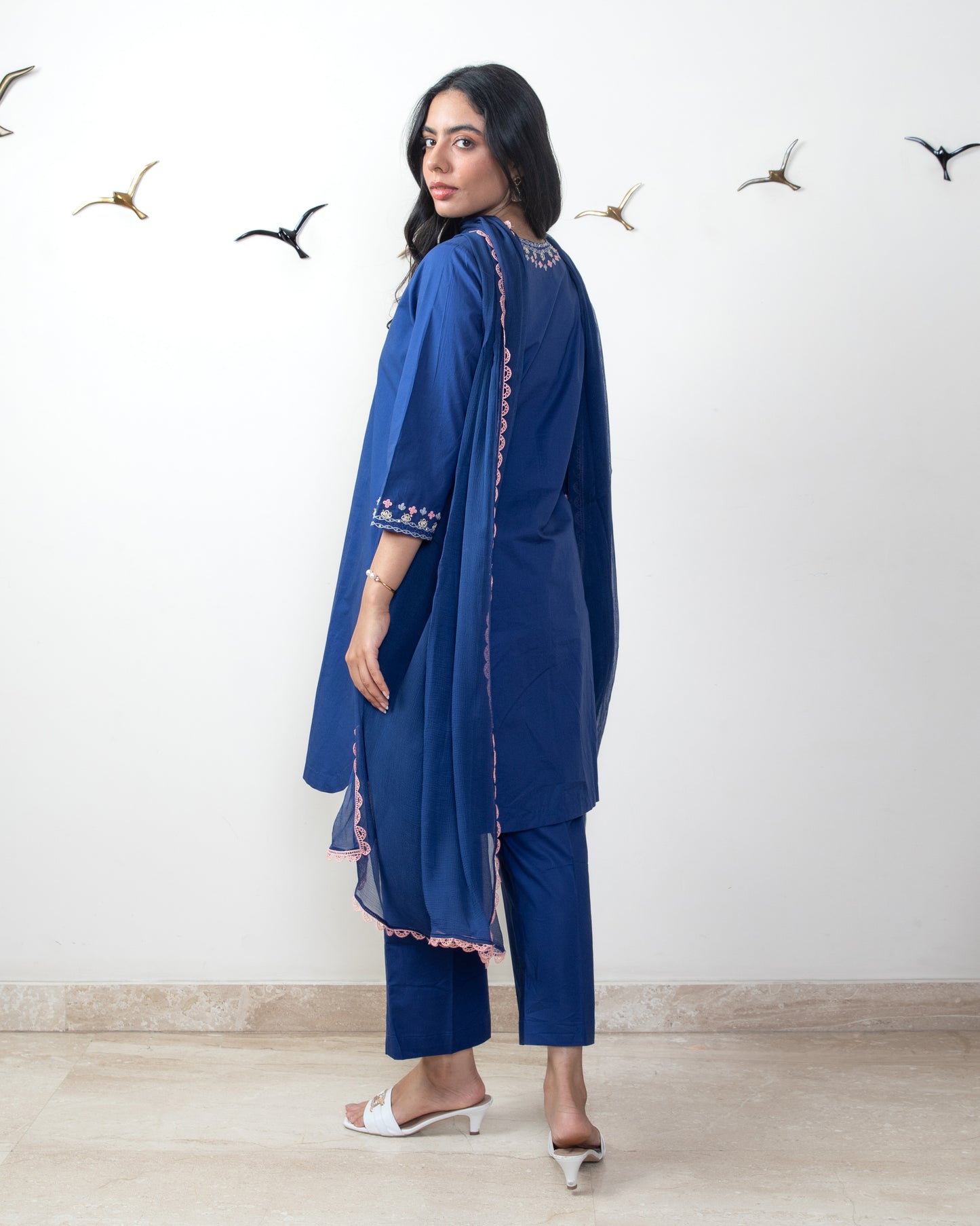 Navy blue tunic set with chiffon dupatta