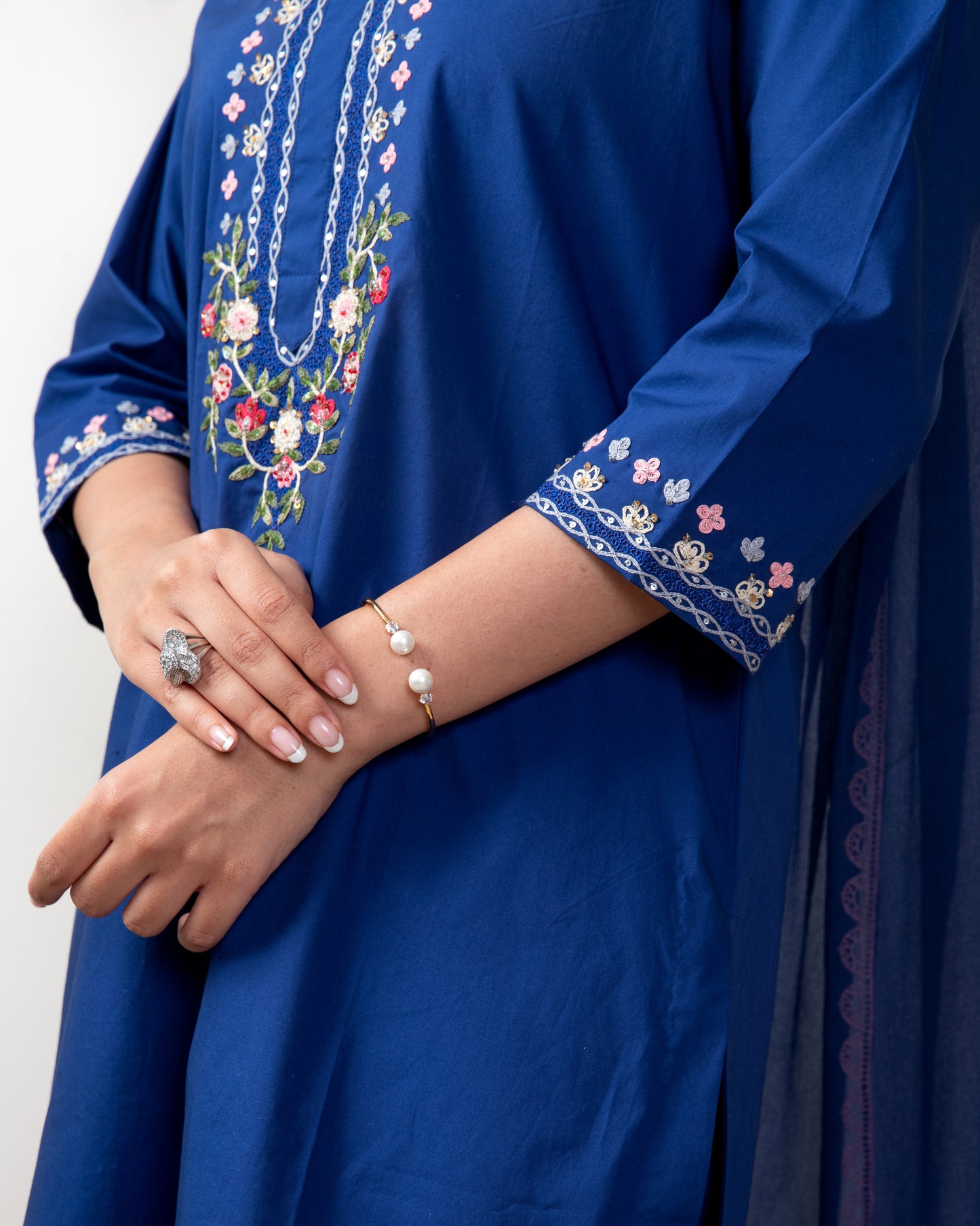 Navy blue tunic set with chiffon dupatta
