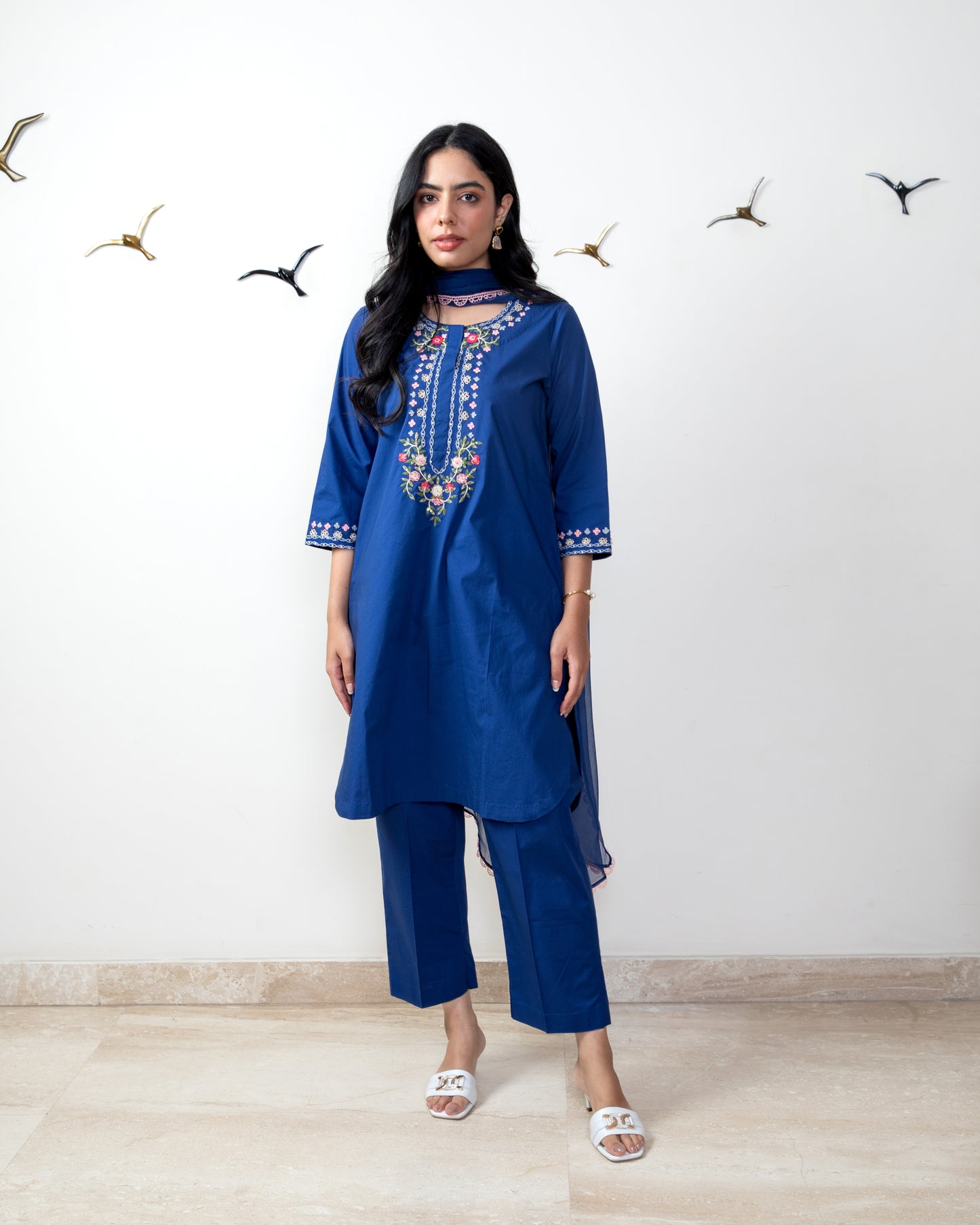 Navy blue tunic set with chiffon dupatta
