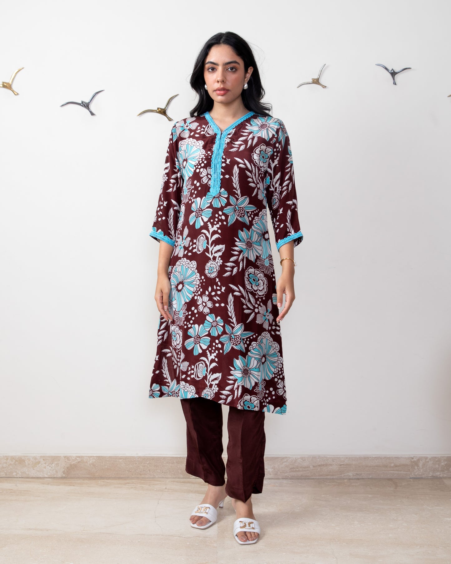 Printed Crepe Tunic Set - BROWN