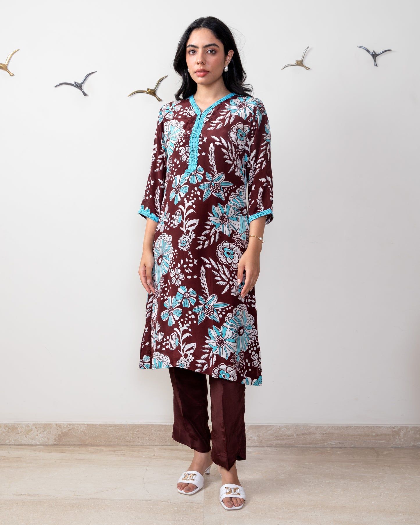 Printed Crepe Tunic Set - BROWN