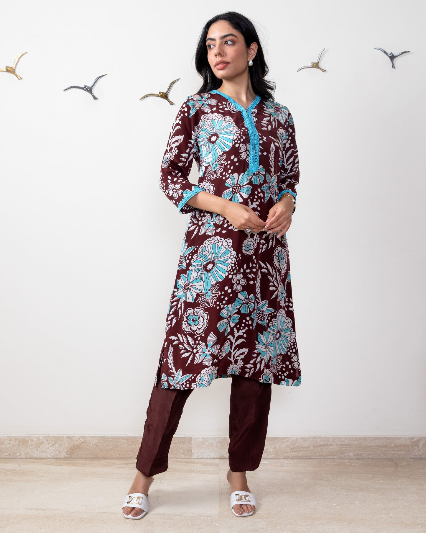 Printed Crepe Tunic Set - BROWN