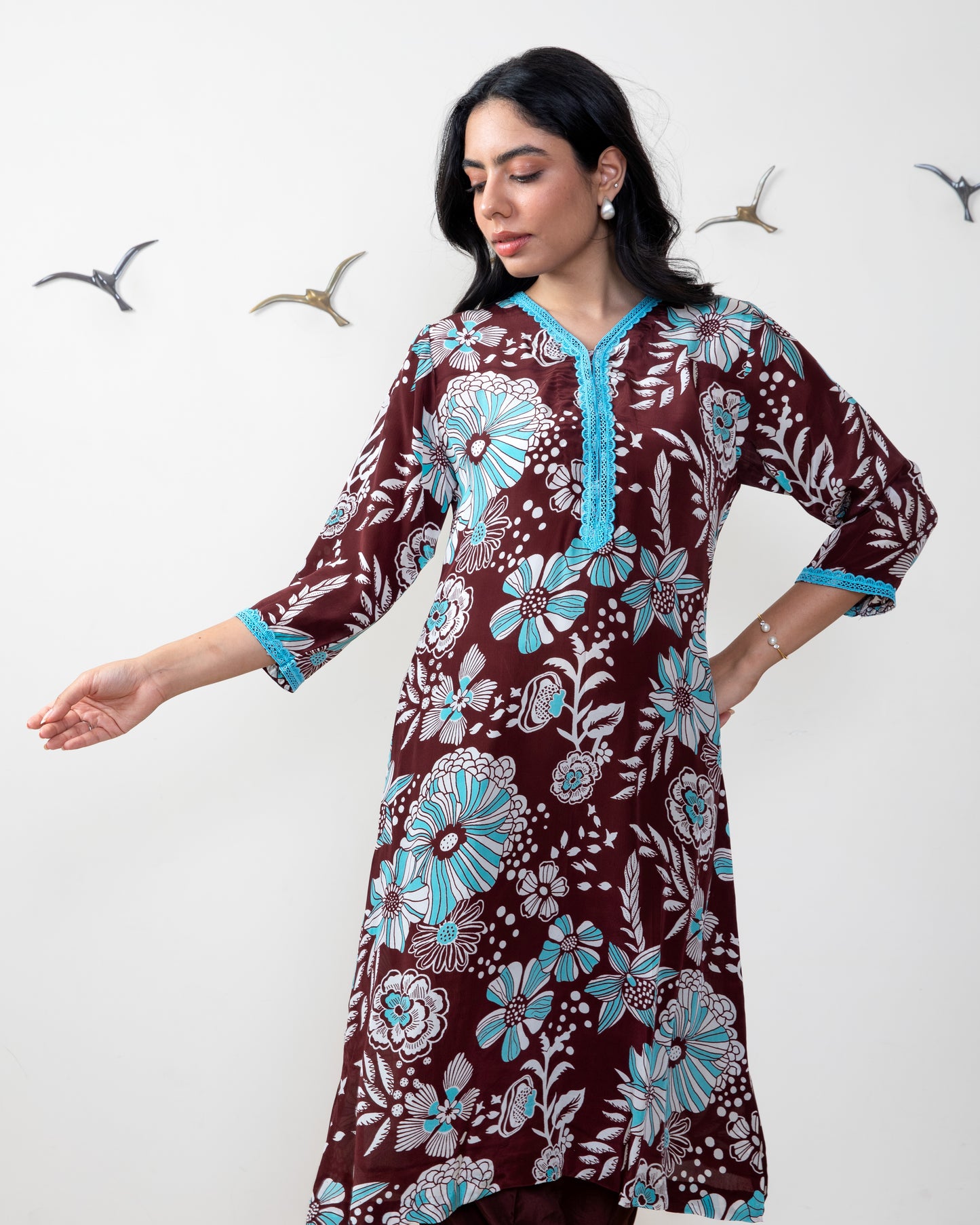 Printed Crepe Tunic Set - BROWN