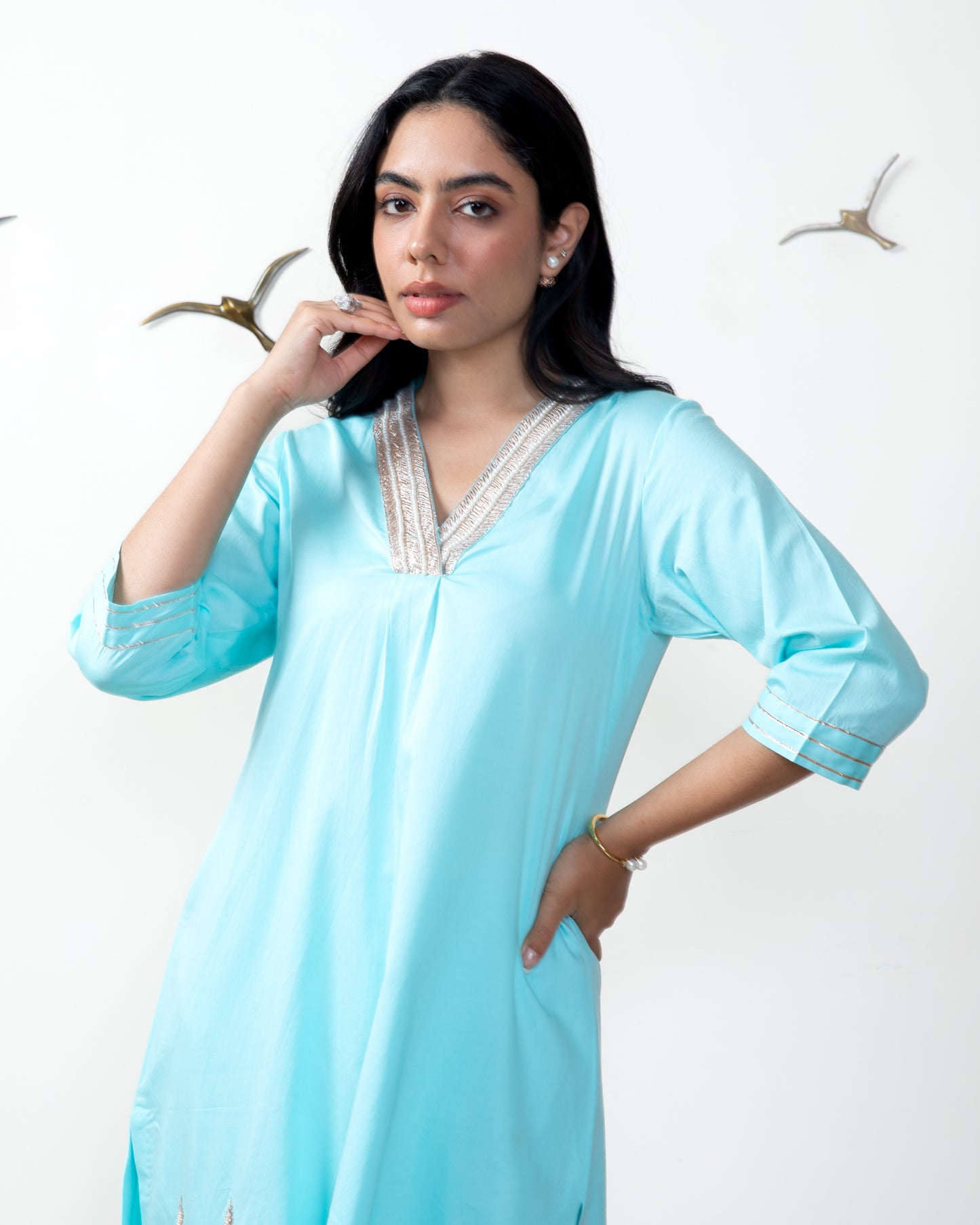 Ocean blue cotton satin tunic set