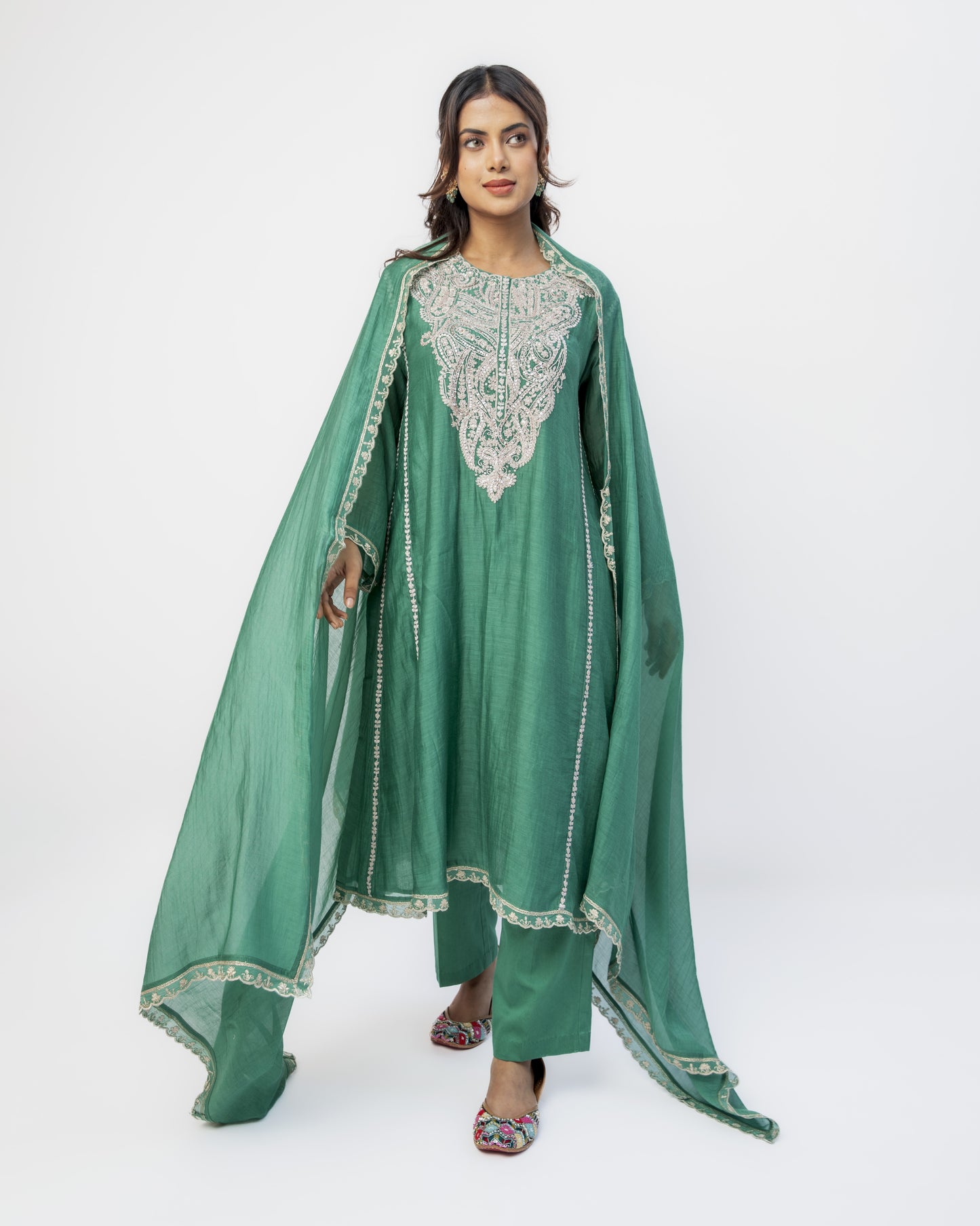 Bottle Green Classy Kali Tunic Set and Dupatta