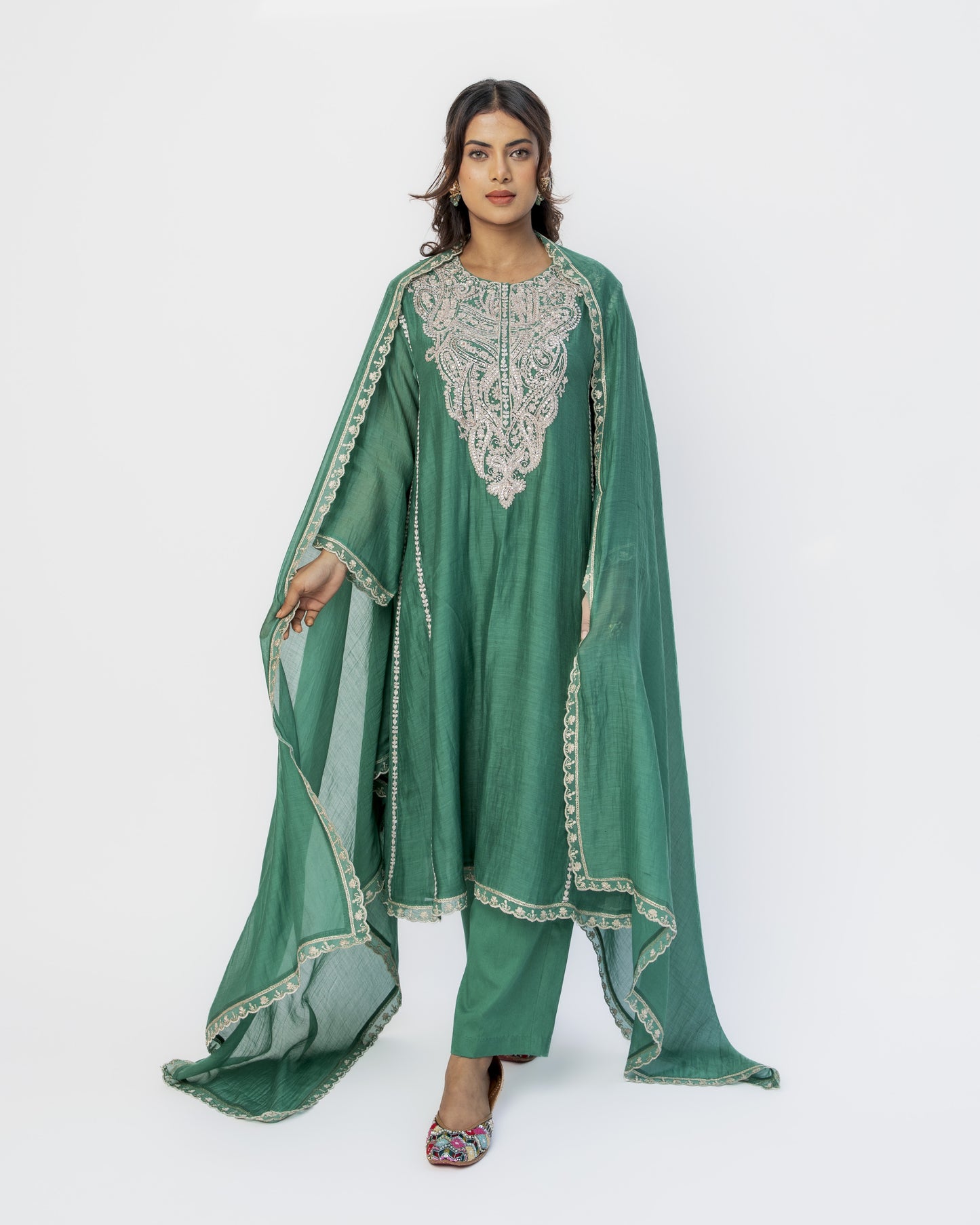 Bottle Green Classy Kali Tunic Set and Dupatta