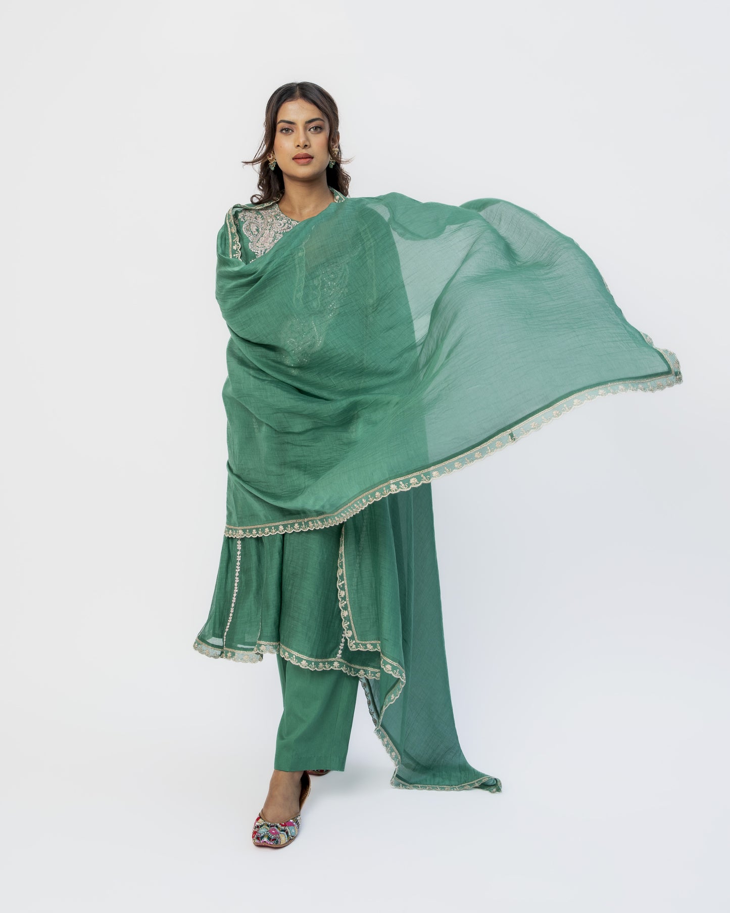 Bottle Green Classy Kali Tunic Set and Dupatta