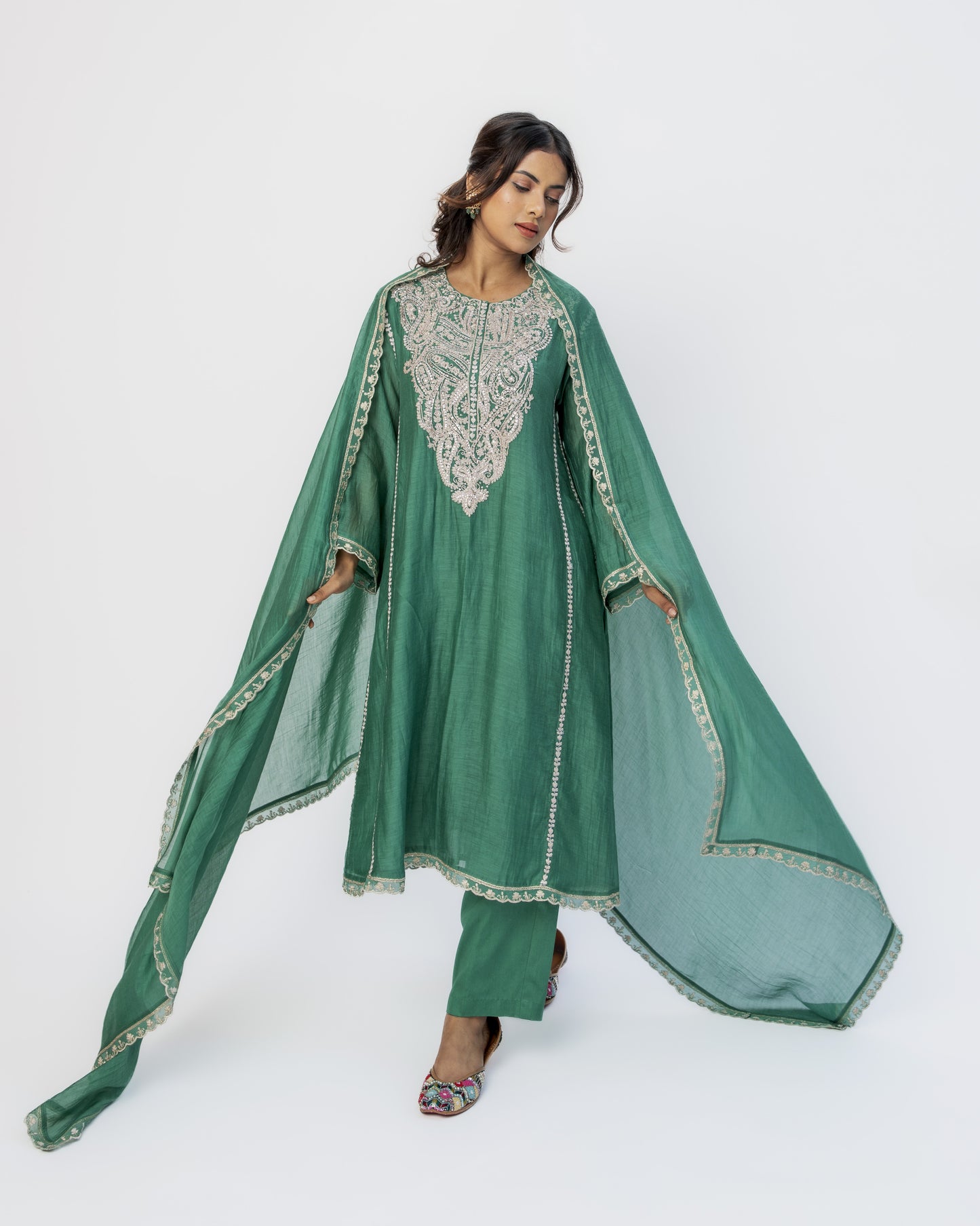 Bottle Green Classy Kali Tunic Set and Dupatta
