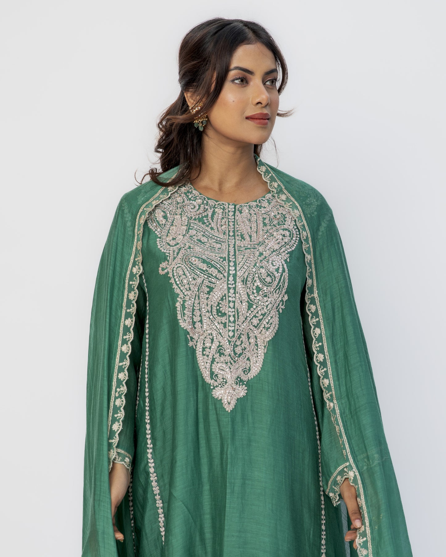 Bottle Green Classy Kali Tunic Set and Dupatta