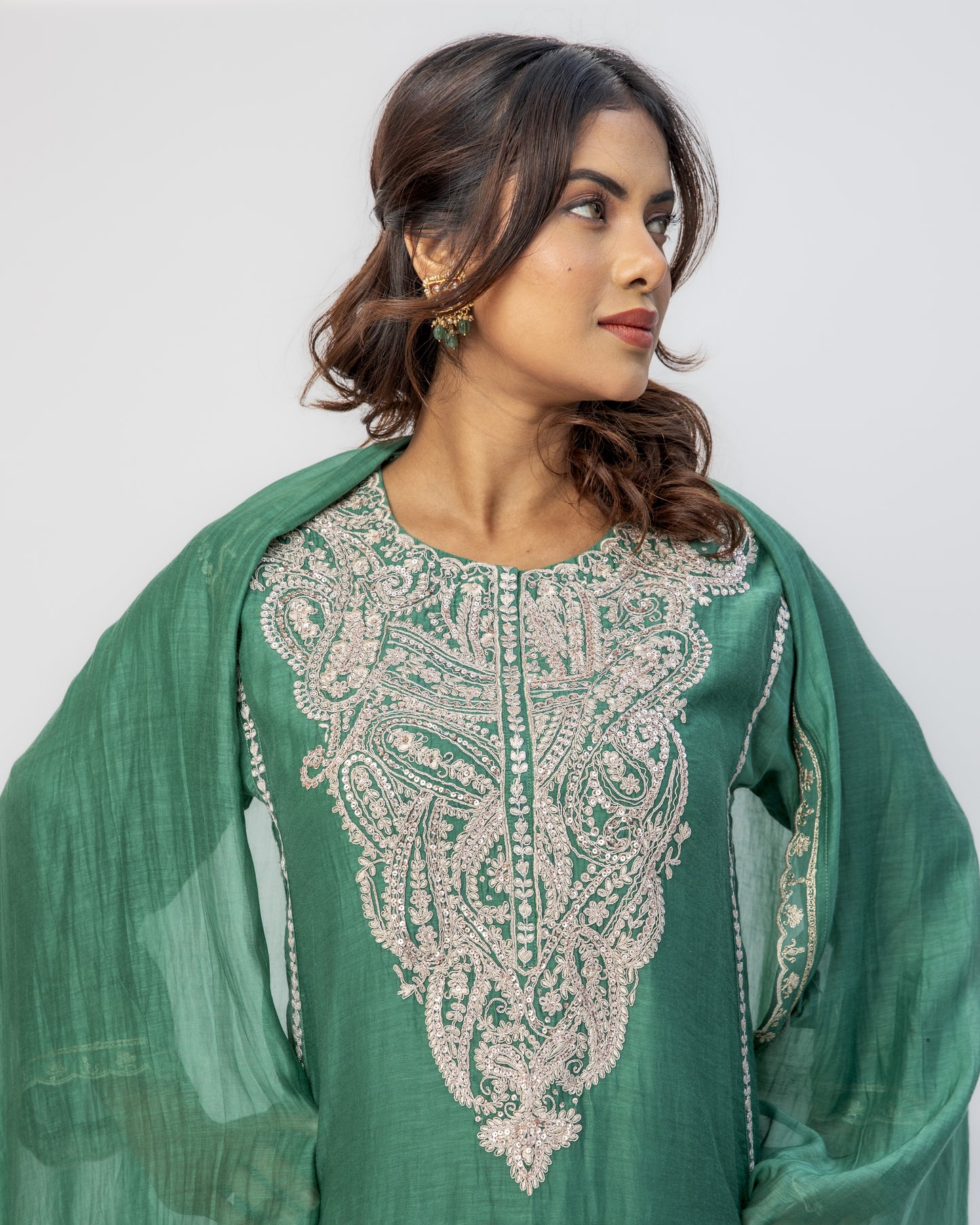 Bottle Green Classy Kali Tunic Set and Dupatta