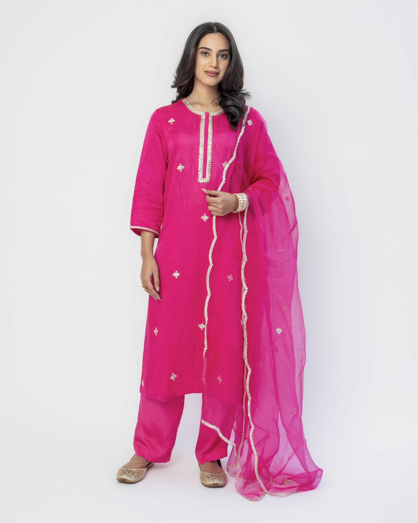 Fuchsia Tunic Set with Organza Dupatta, Resham French Knot Embroidery
