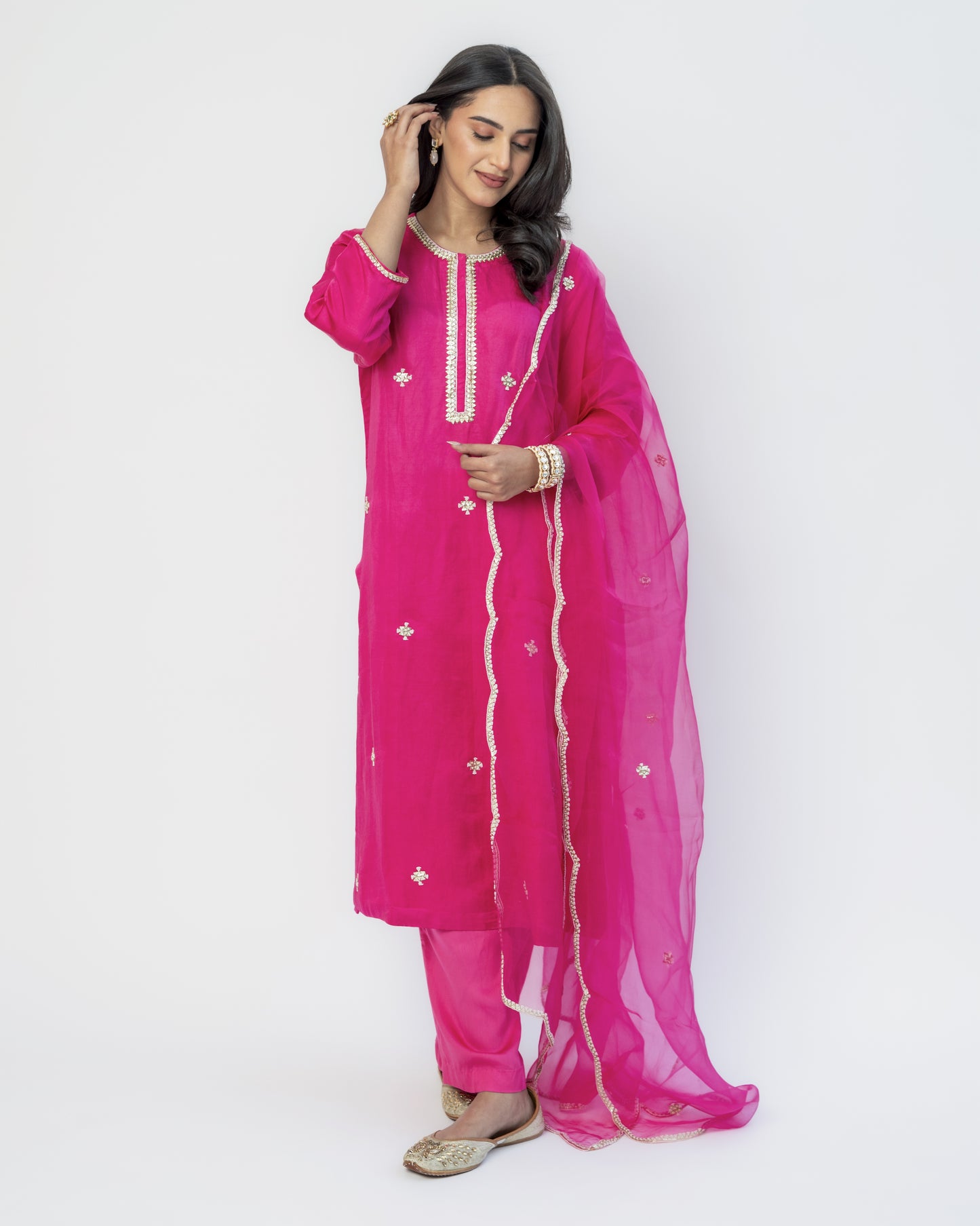 Fuchsia Tunic Set with Organza Dupatta, Resham French Knot Embroidery