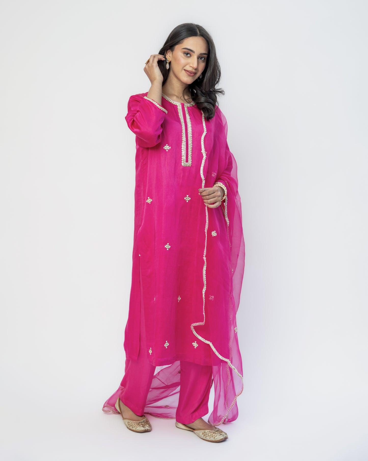 Fuchsia Tunic Set with Organza Dupatta, Resham French Knot Embroidery