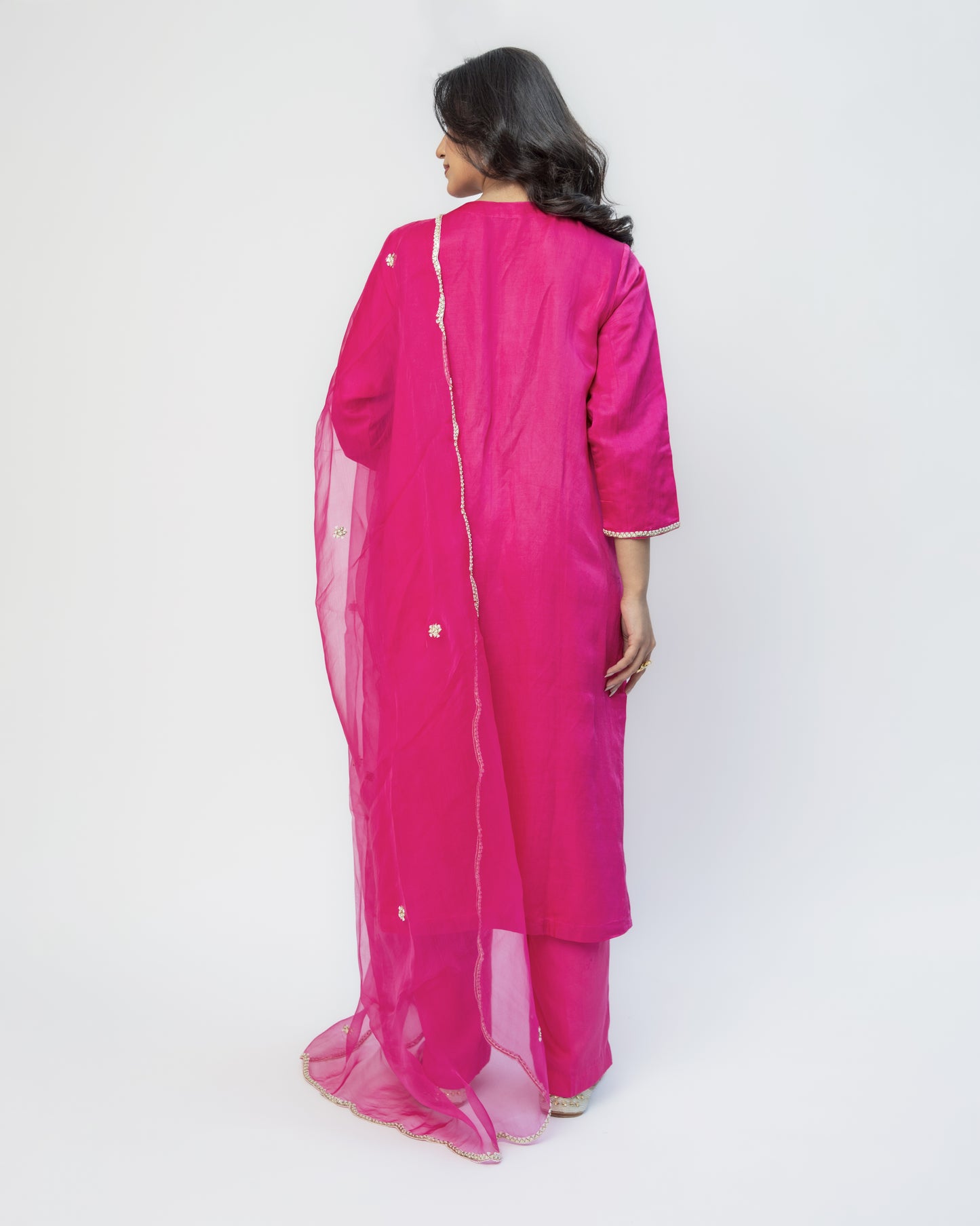 Fuchsia Tunic Set with Organza Dupatta, Resham French Knot Embroidery