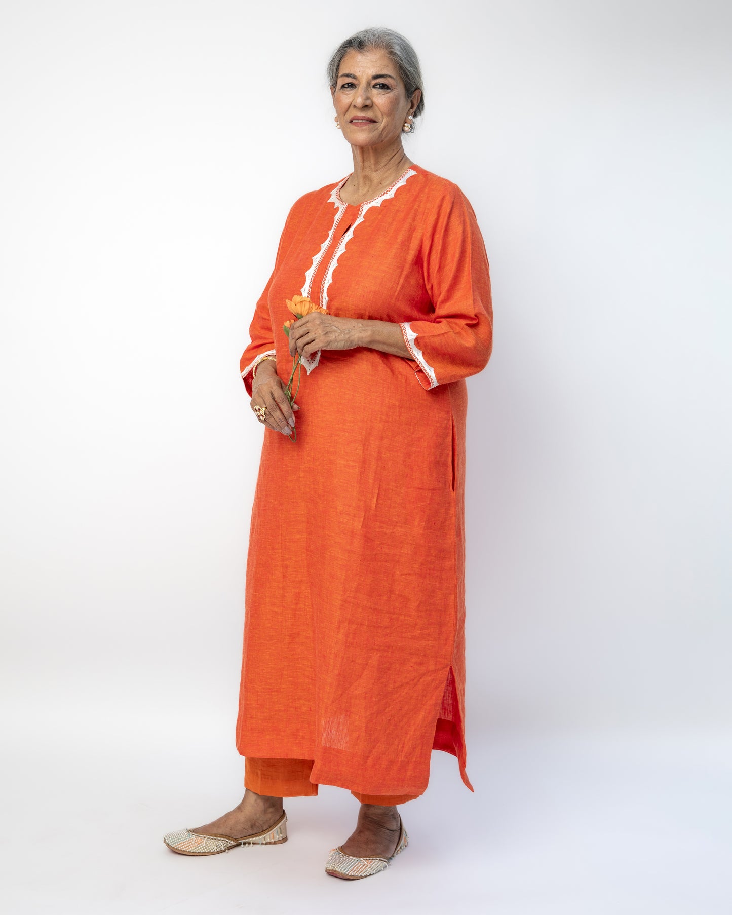 Pure Linen A-Line Orange Kurta With White Hand Embroidery and Mirror Highlight on Neck, Sleeves and Back