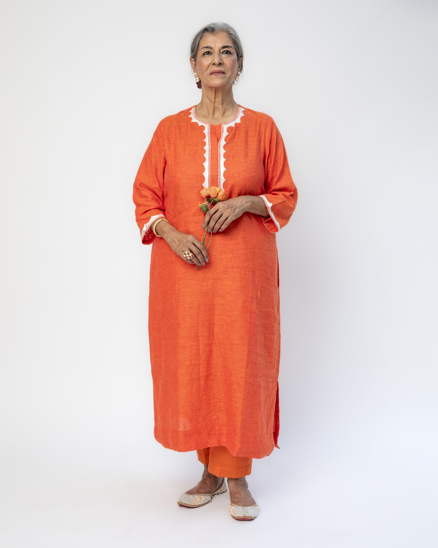 Pure Linen A-Line Orange Kurta With White Hand Embroidery and Mirror Highlight on Neck, Sleeves and Back