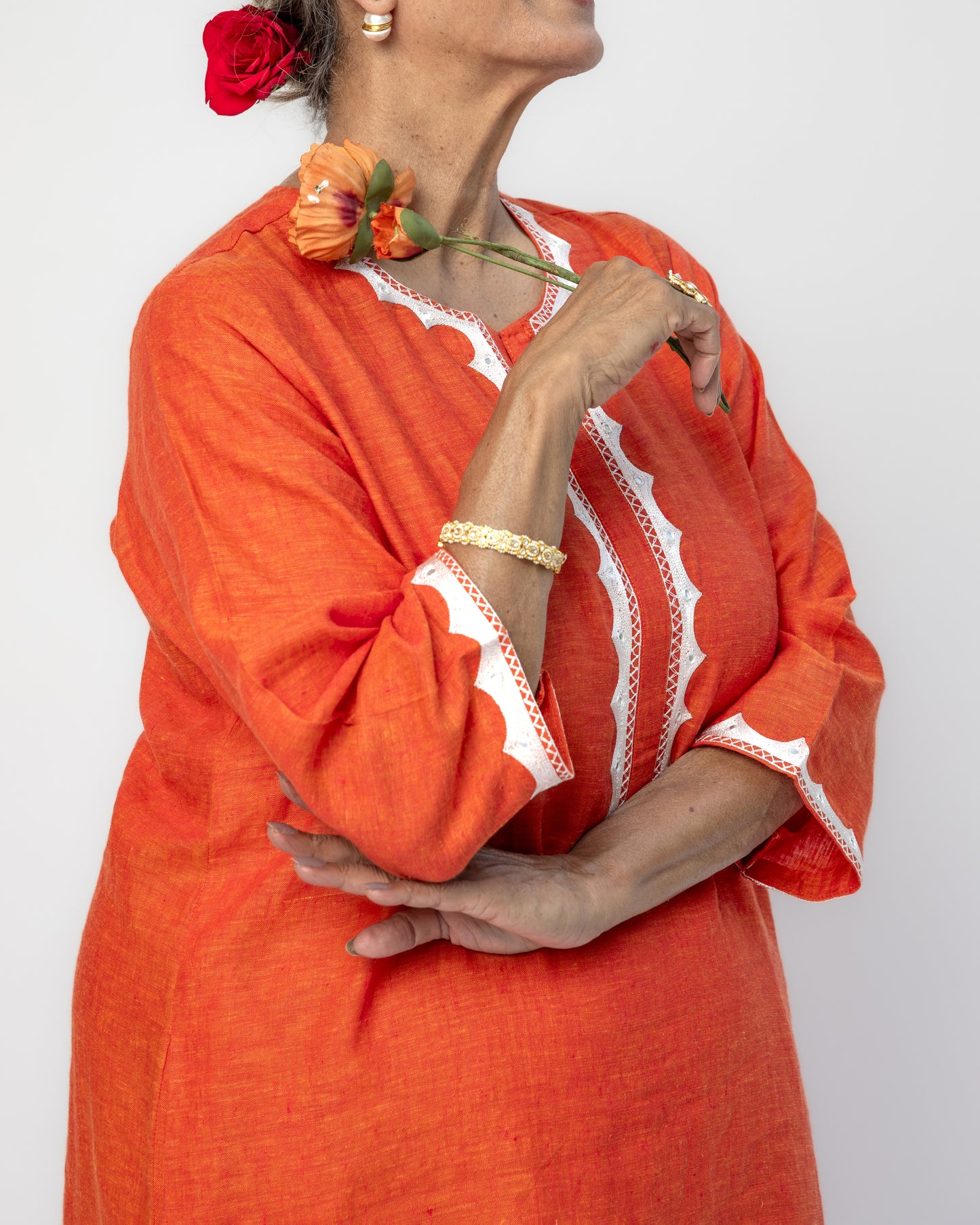 Pure Linen A-Line Orange Kurta With White Hand Embroidery and Mirror Highlight on Neck, Sleeves and Back