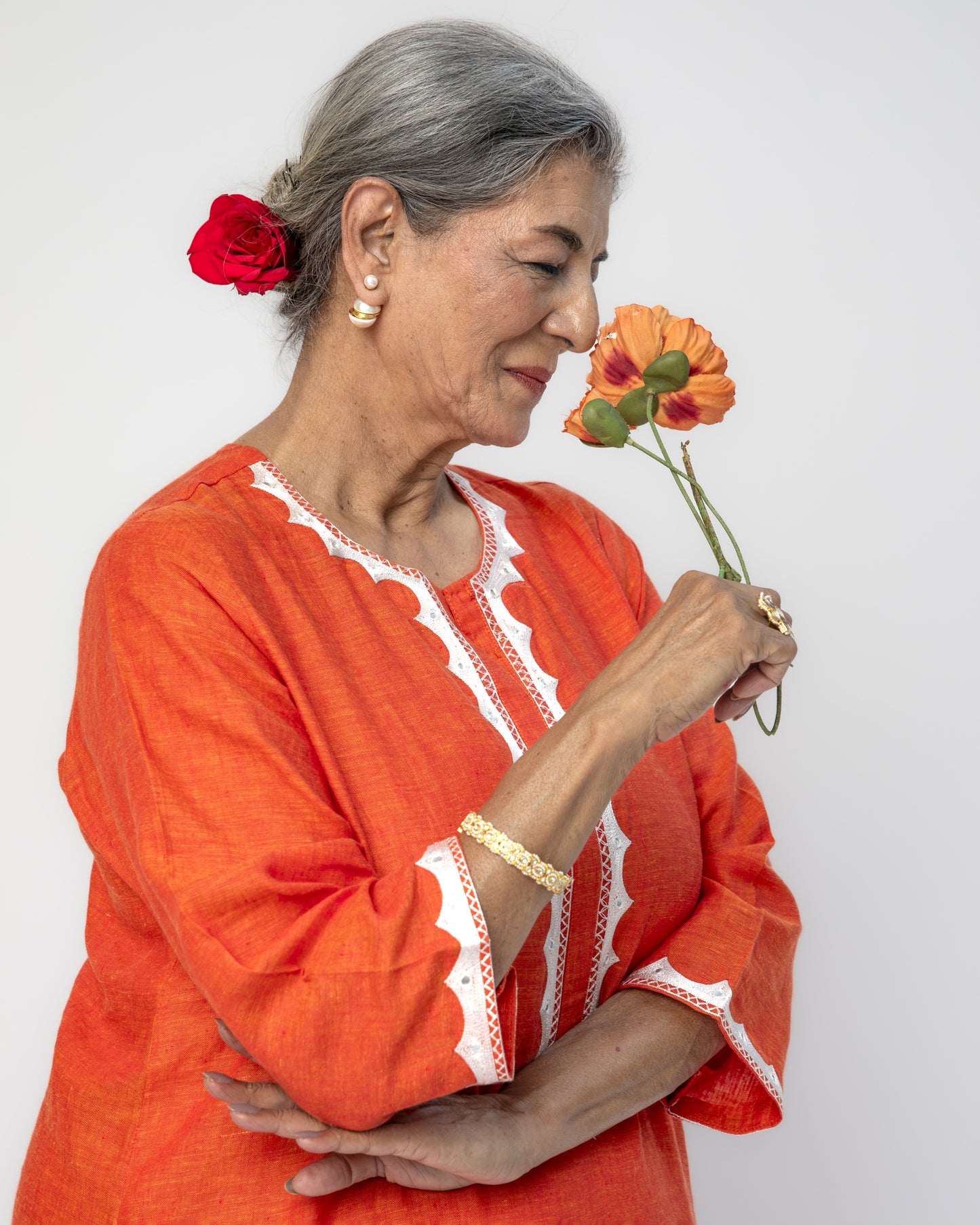 Pure Linen A-Line Orange Kurta With White Hand Embroidery and Mirror Highlight on Neck, Sleeves and Back