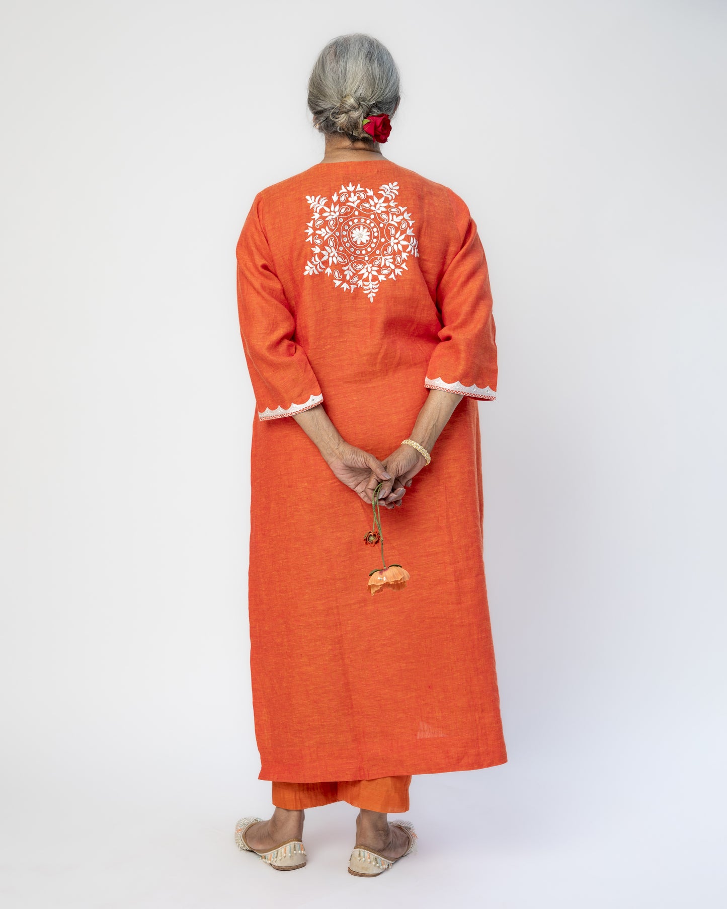 Pure Linen A-Line Orange Kurta With White Hand Embroidery and Mirror Highlight on Neck, Sleeves and Back
