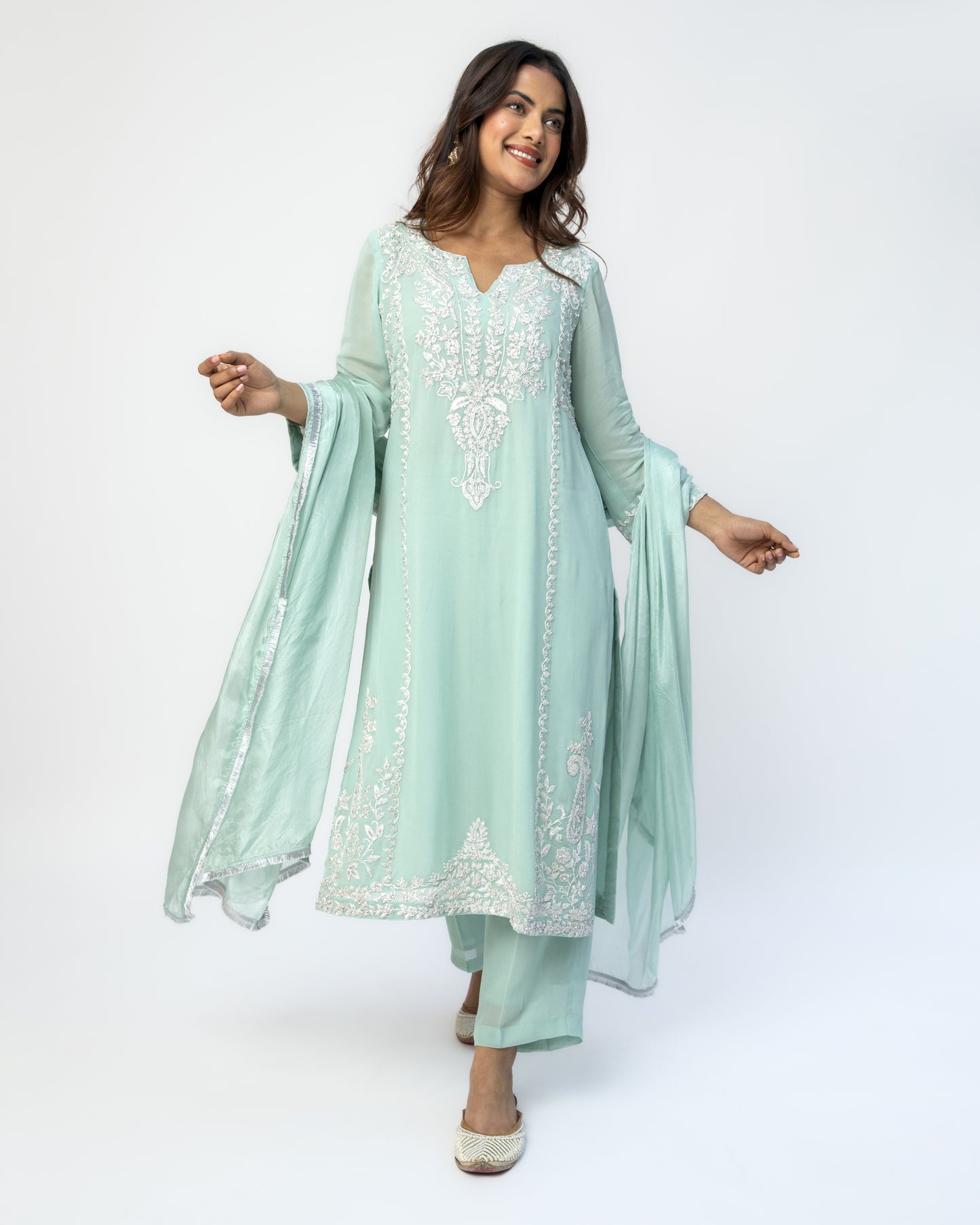 Sea Green Georgette Tunic Set with Tabby Silk Dupatta