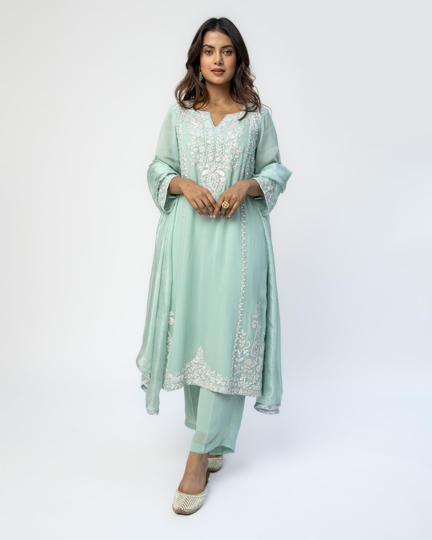 Sea Green Georgette Tunic Set with Tabby Silk Dupatta