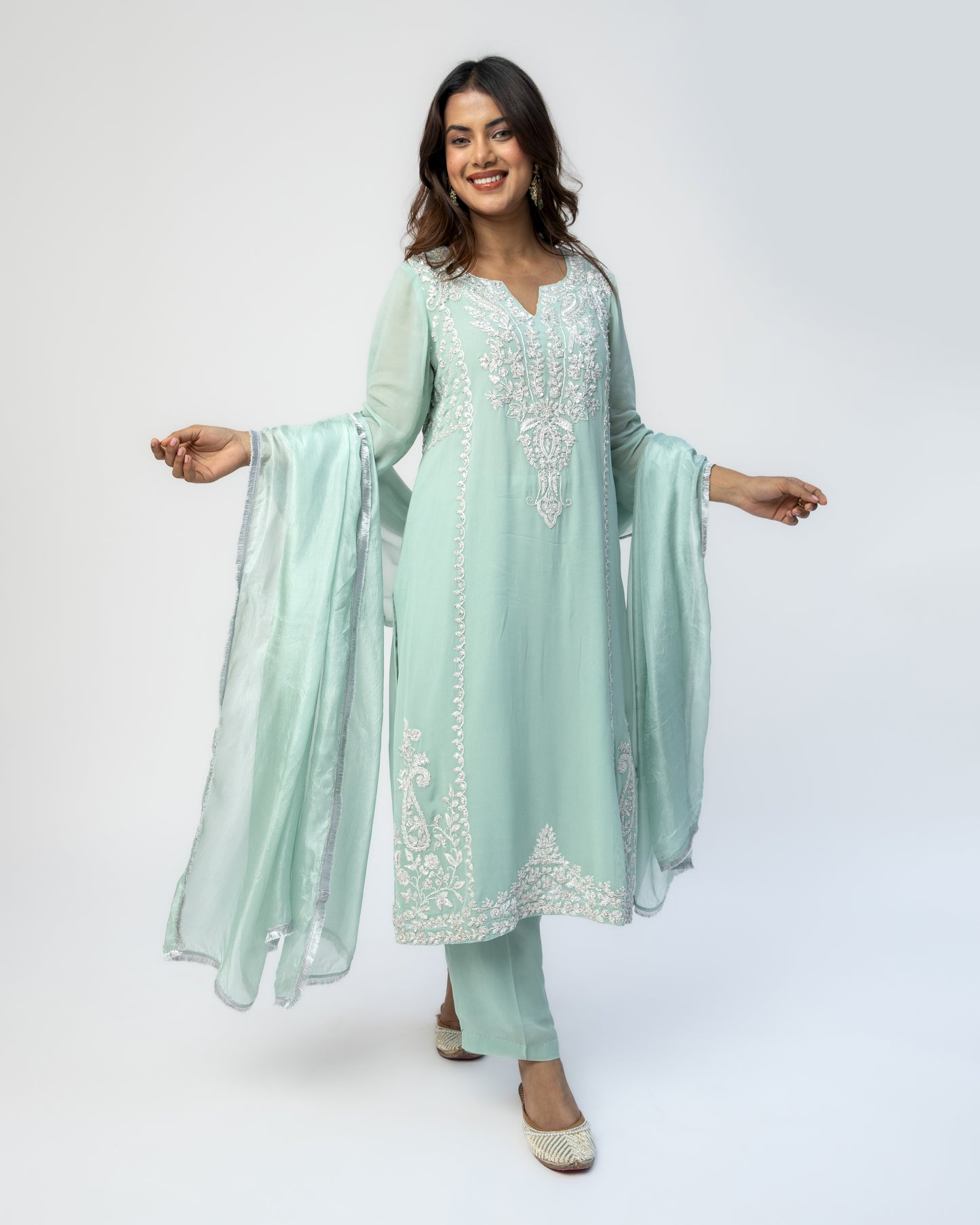 Sea Green Georgette Tunic Set with Tabby Silk Dupatta