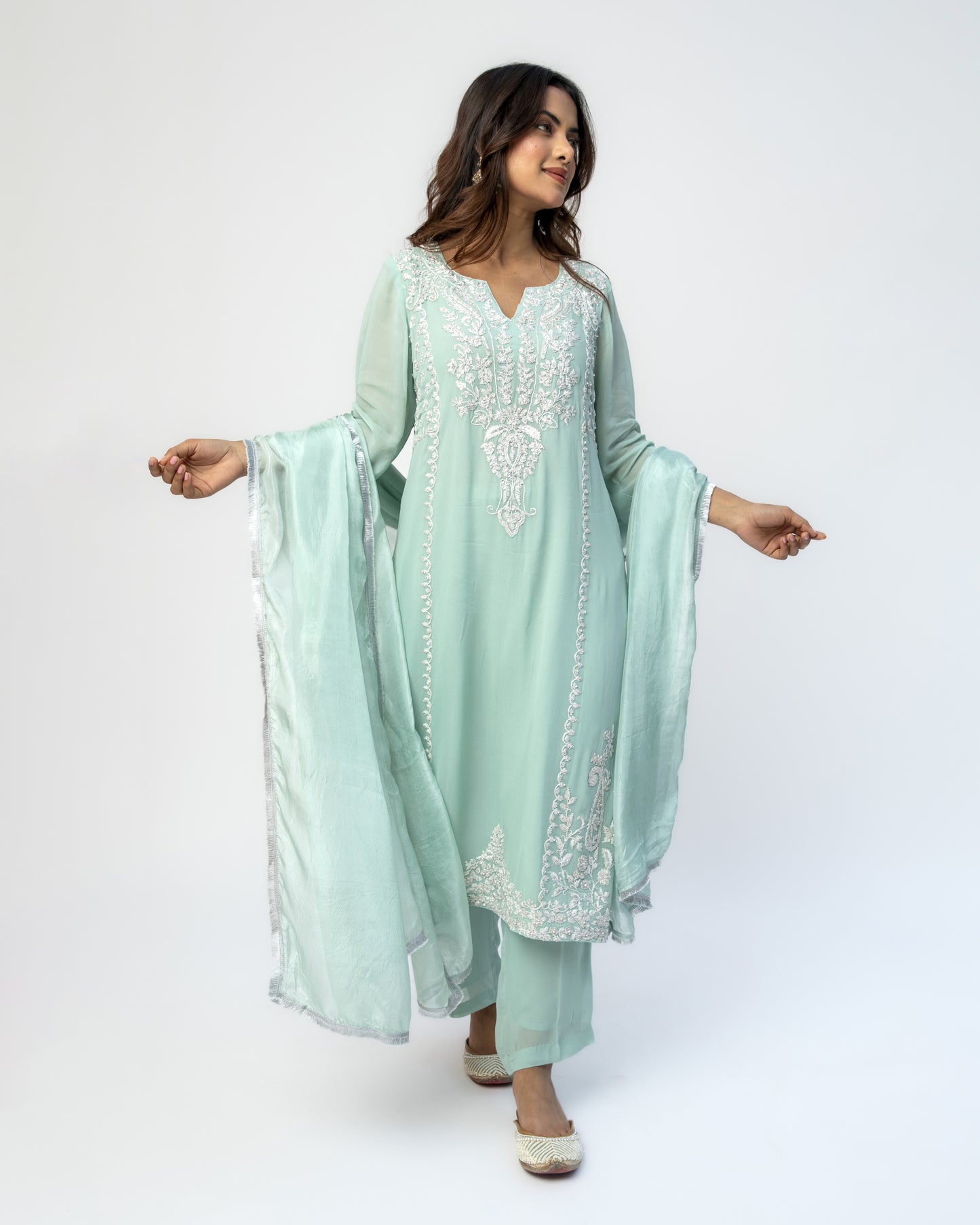 Sea Green Georgette Tunic Set with Tabby Silk Dupatta