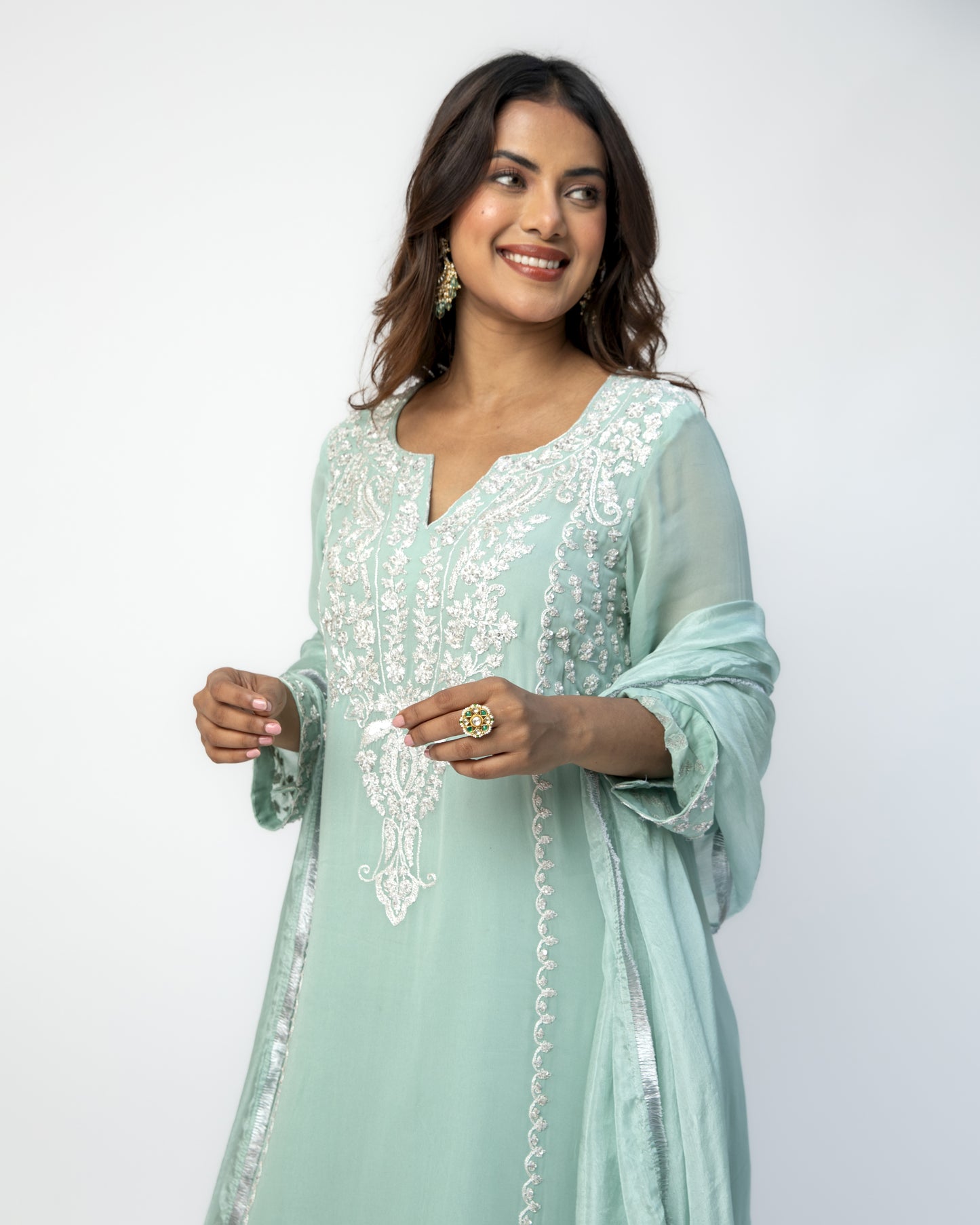 Sea Green Georgette Tunic Set with Tabby Silk Dupatta
