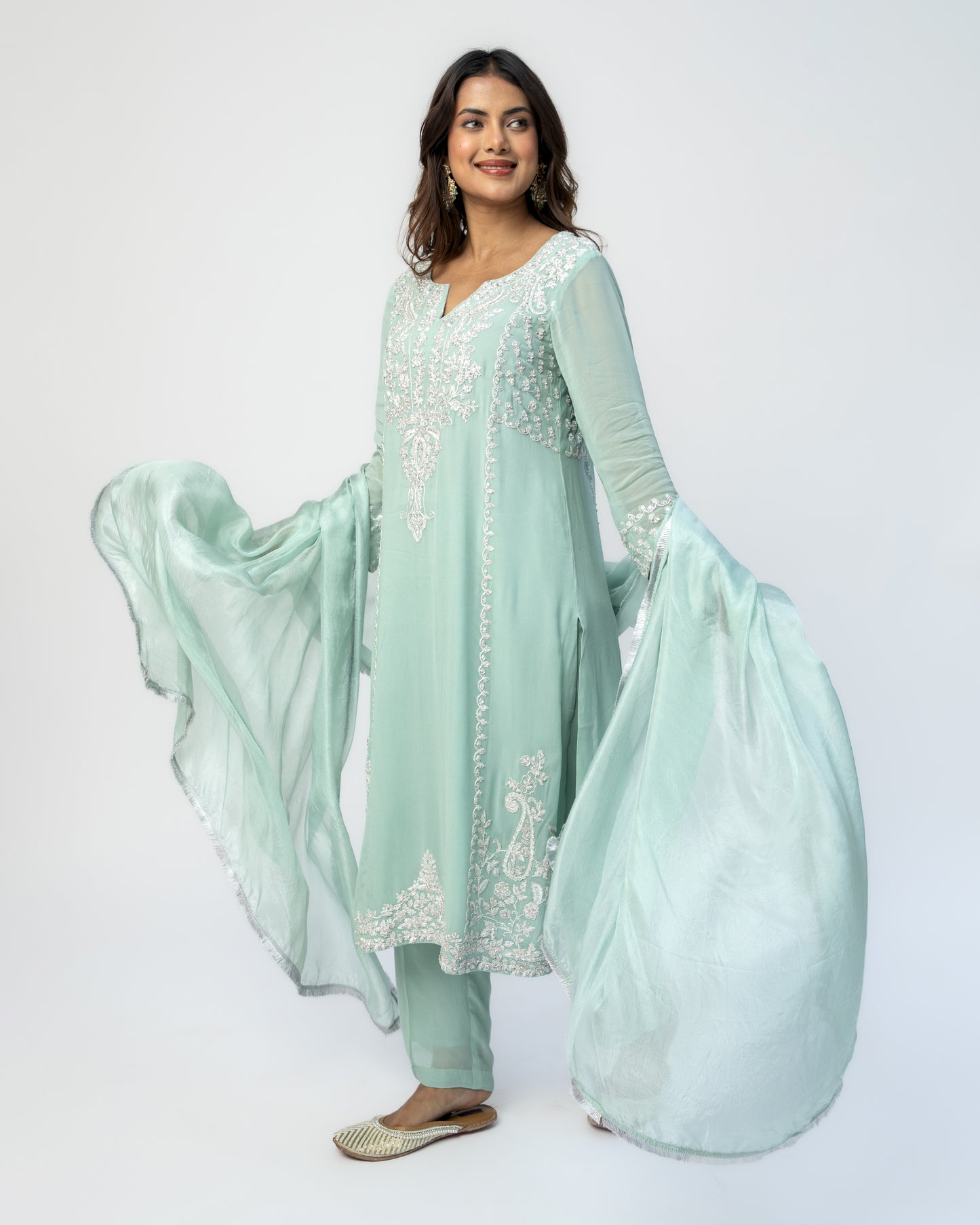 Sea Green Georgette Tunic Set with Tabby Silk Dupatta