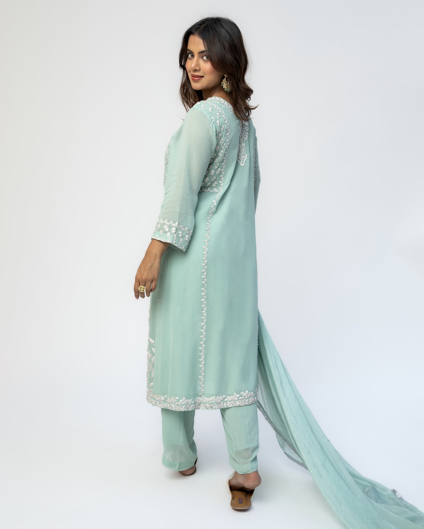 Sea Green Georgette Tunic Set with Tabby Silk Dupatta