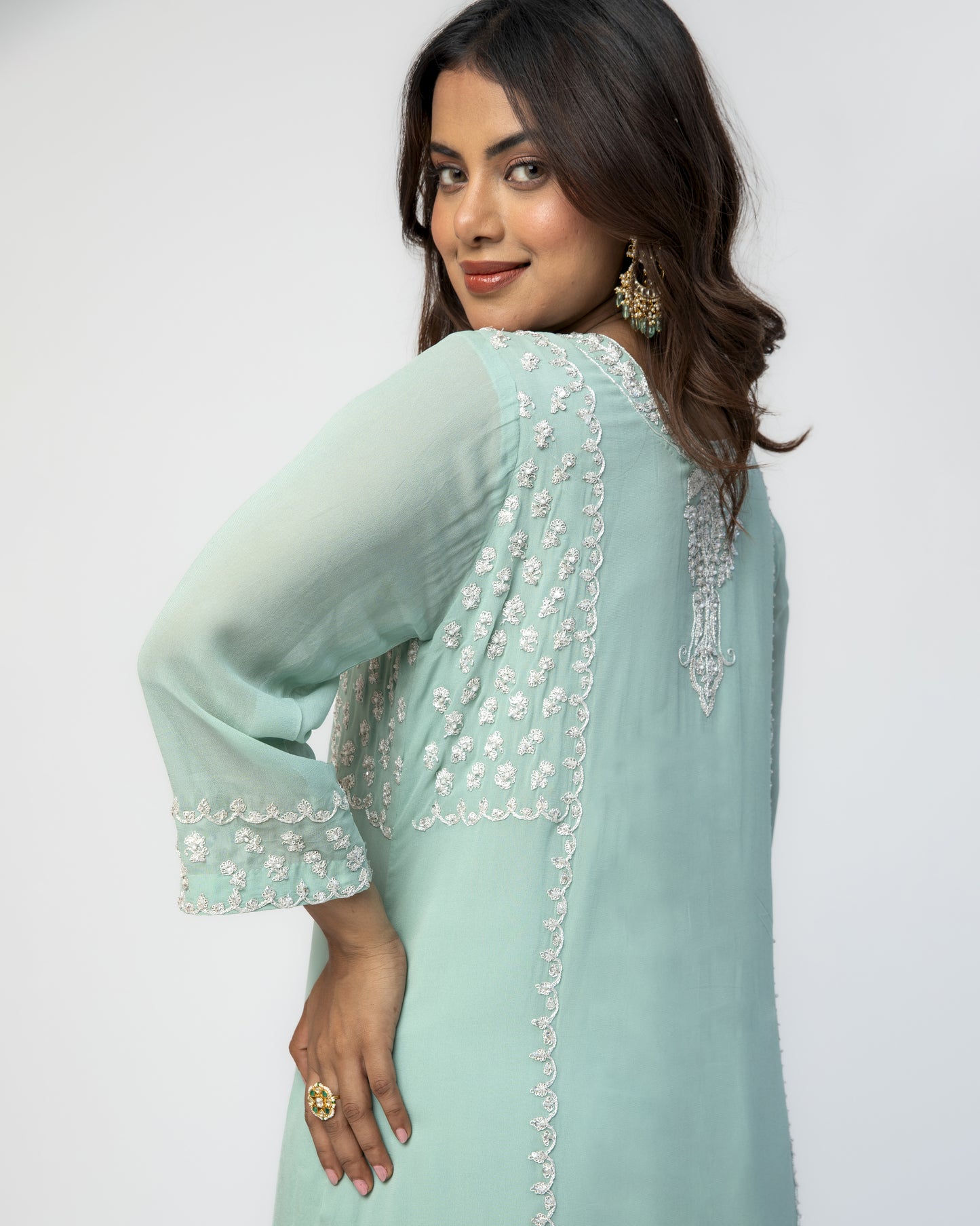 Sea Green Georgette Tunic Set with Tabby Silk Dupatta