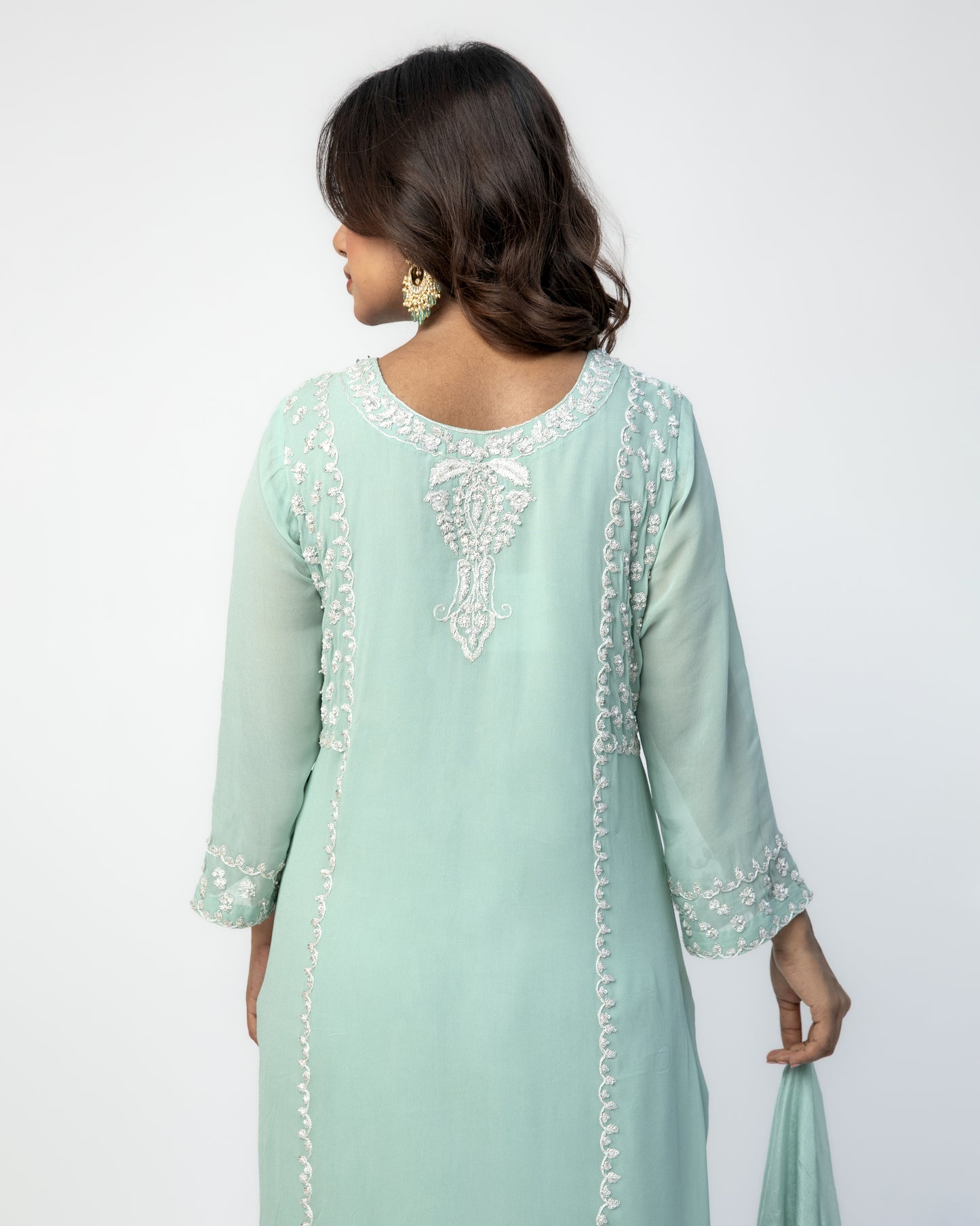 Sea Green Georgette Tunic Set with Tabby Silk Dupatta