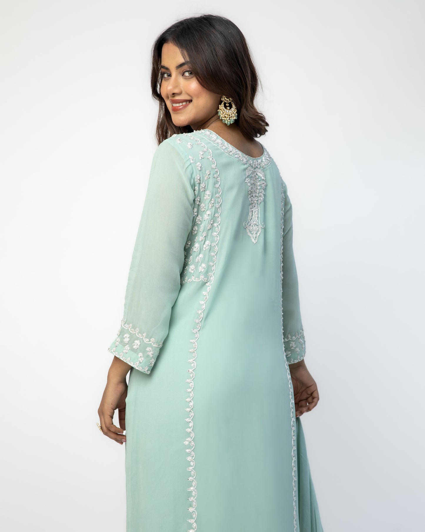 Sea Green Georgette Tunic Set with Tabby Silk Dupatta