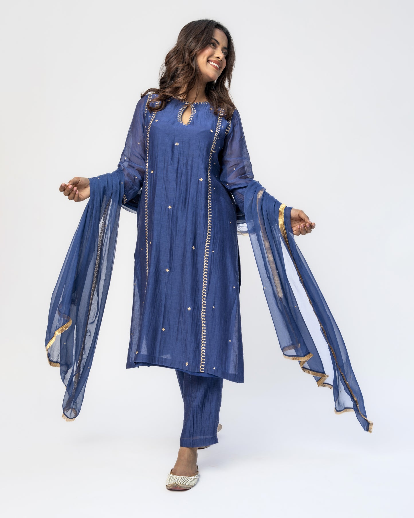 Navy Tunic & Pant Set with Chiffon Dupatta