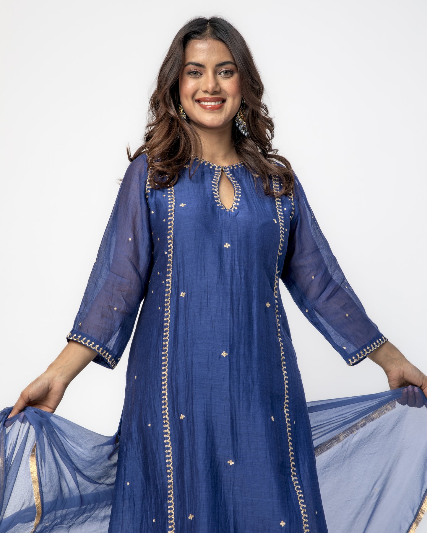 Navy Tunic & Pant Set with Chiffon Dupatta