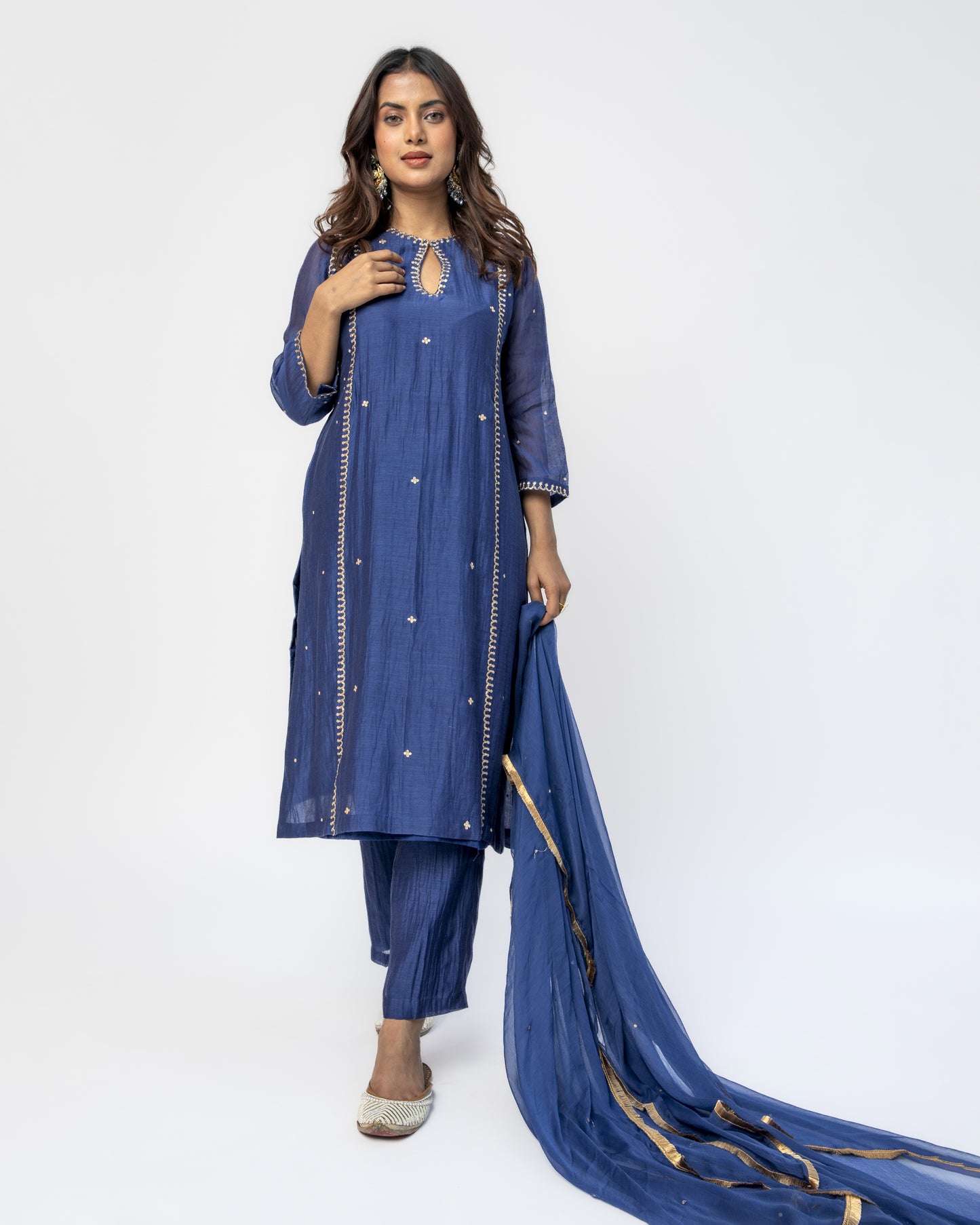 Navy Tunic & Pant Set with Chiffon Dupatta