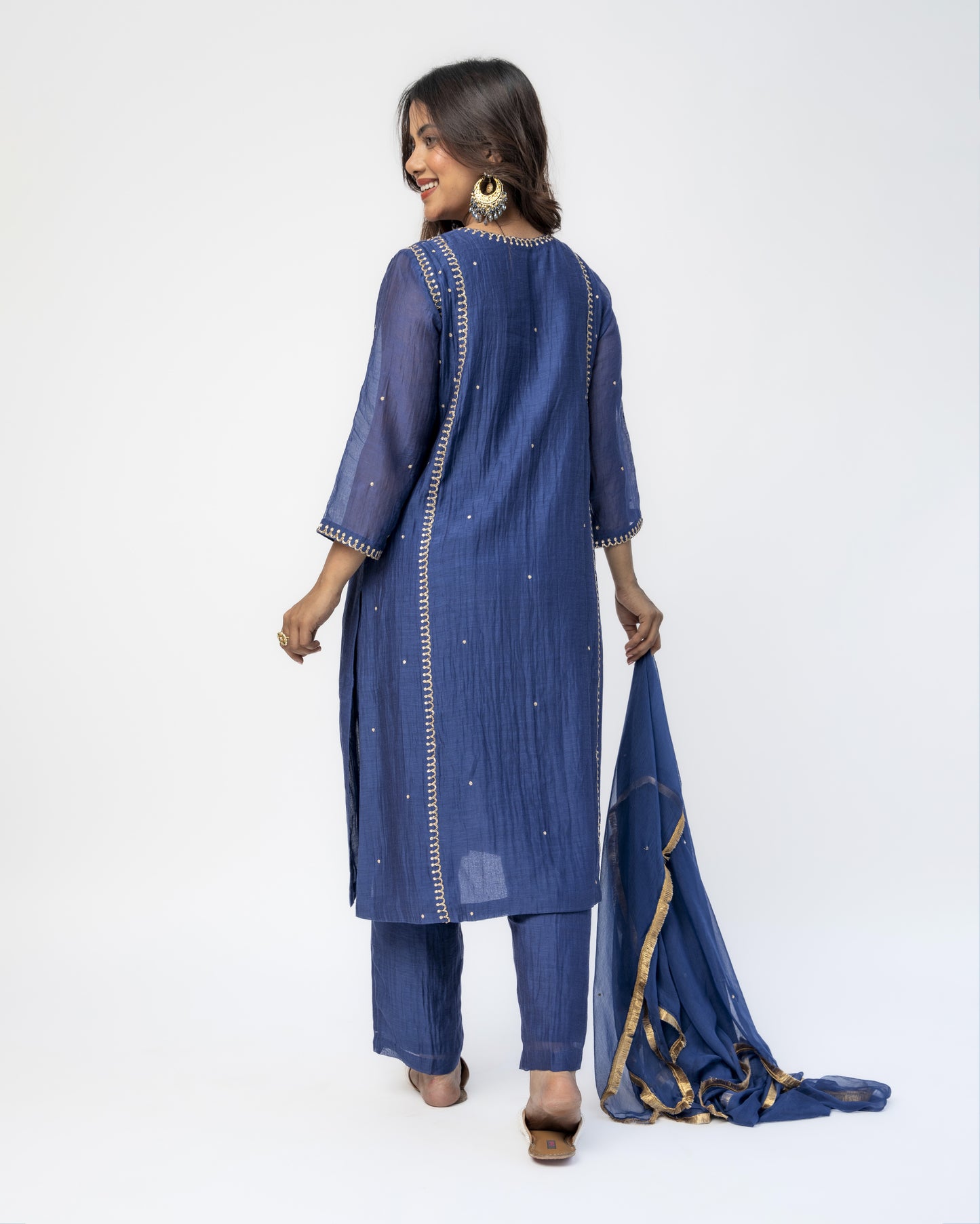 Navy Tunic & Pant Set with Chiffon Dupatta