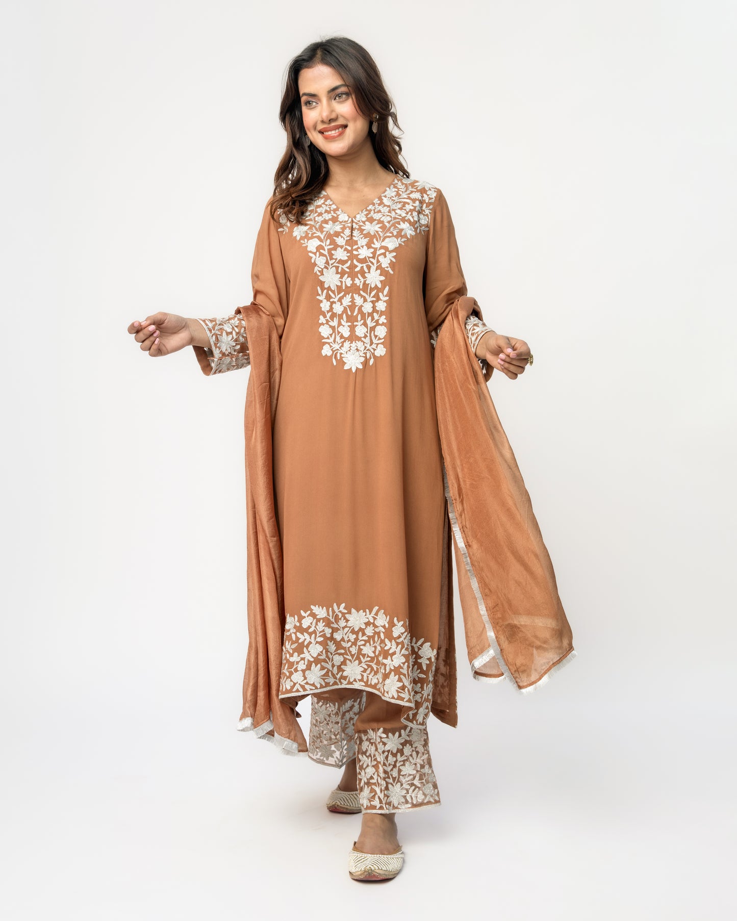 Brown Georgette Tunic Set with Silver Aari Work