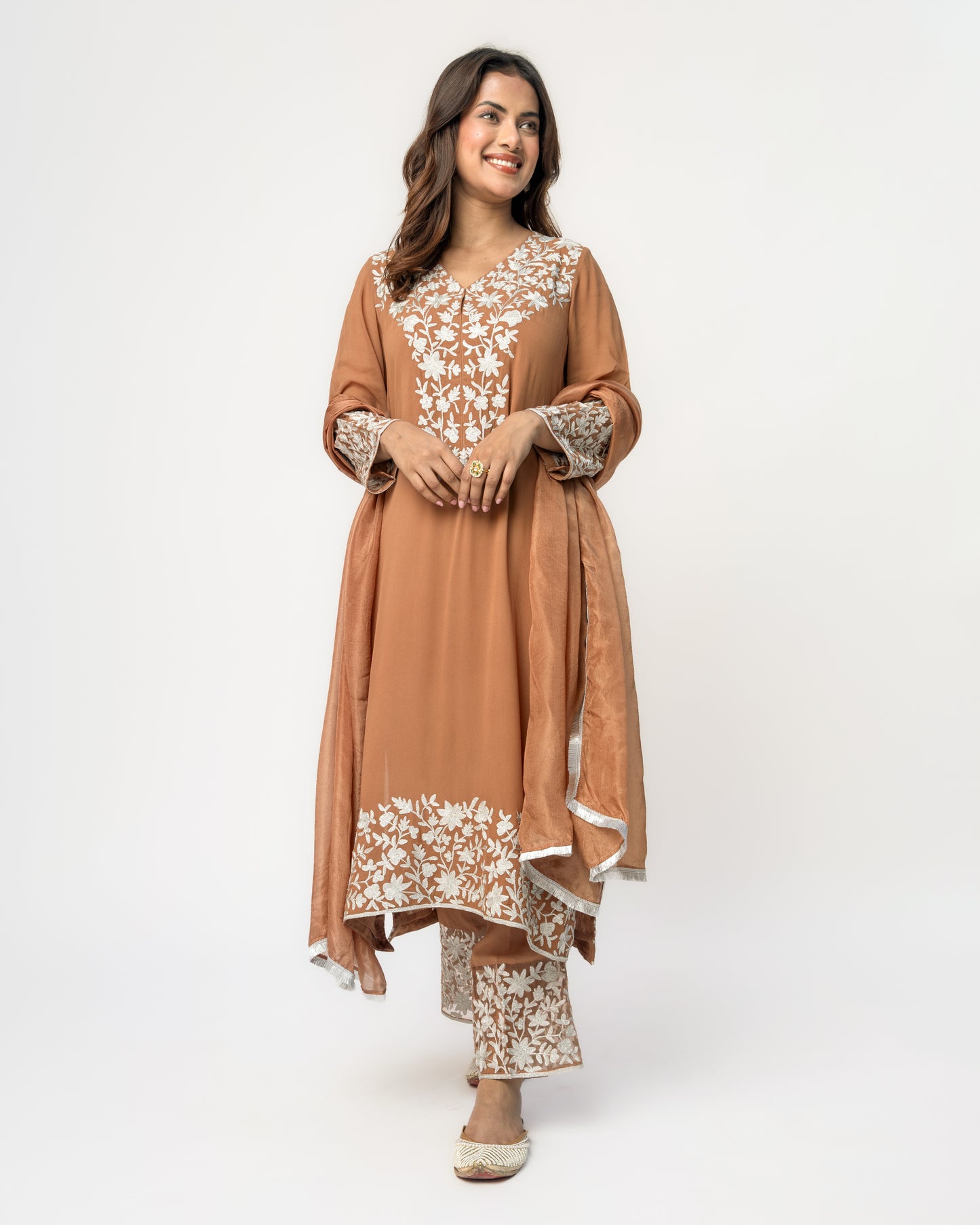 Brown Georgette Tunic Set with Silver Aari Work