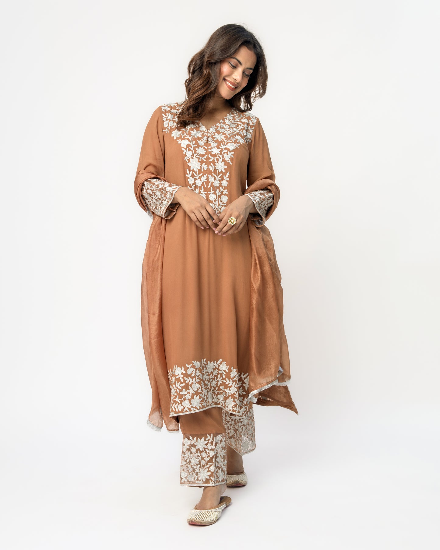 Brown Georgette Tunic Set with Silver Aari Work