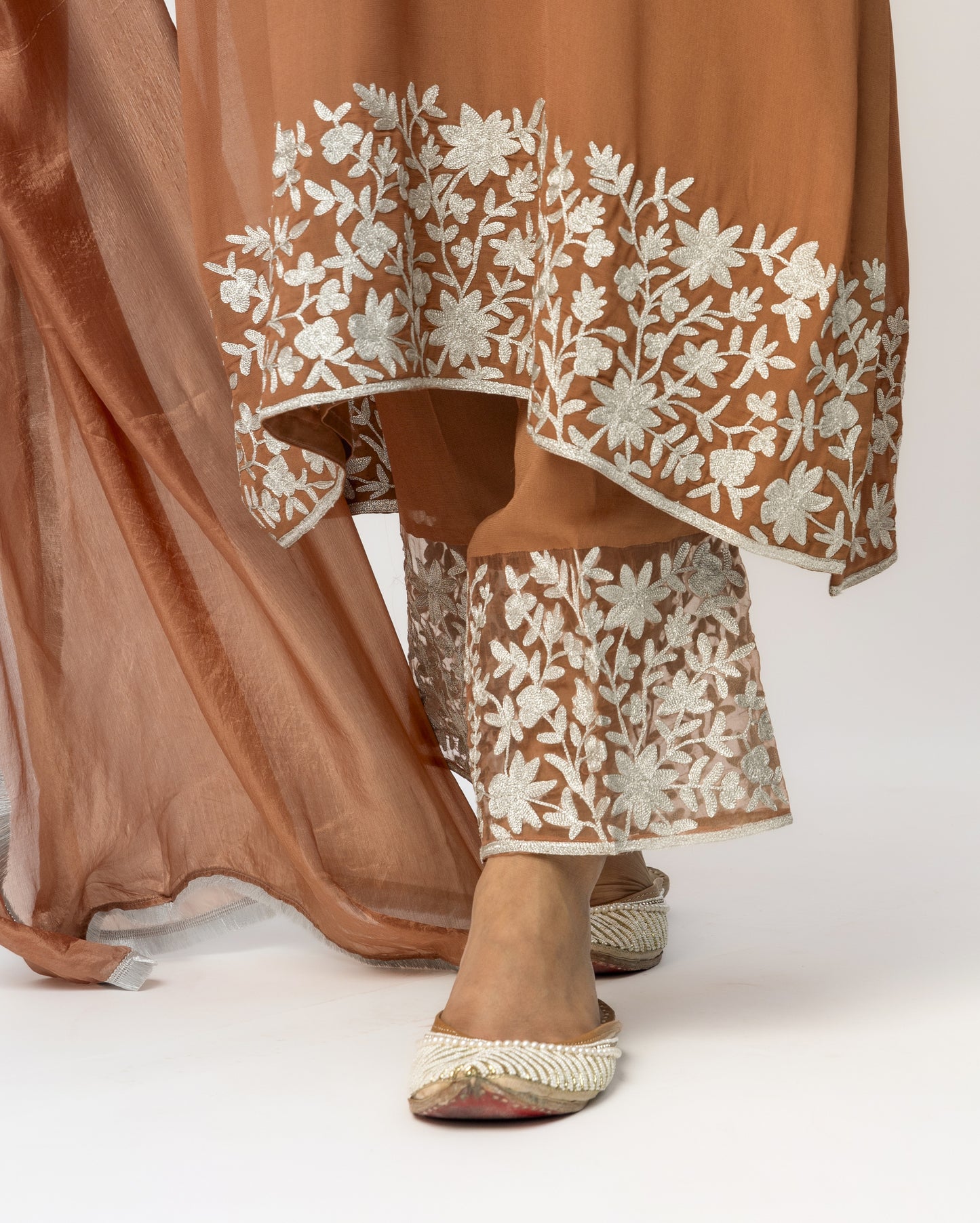 Brown Georgette Tunic Set with Silver Aari Work