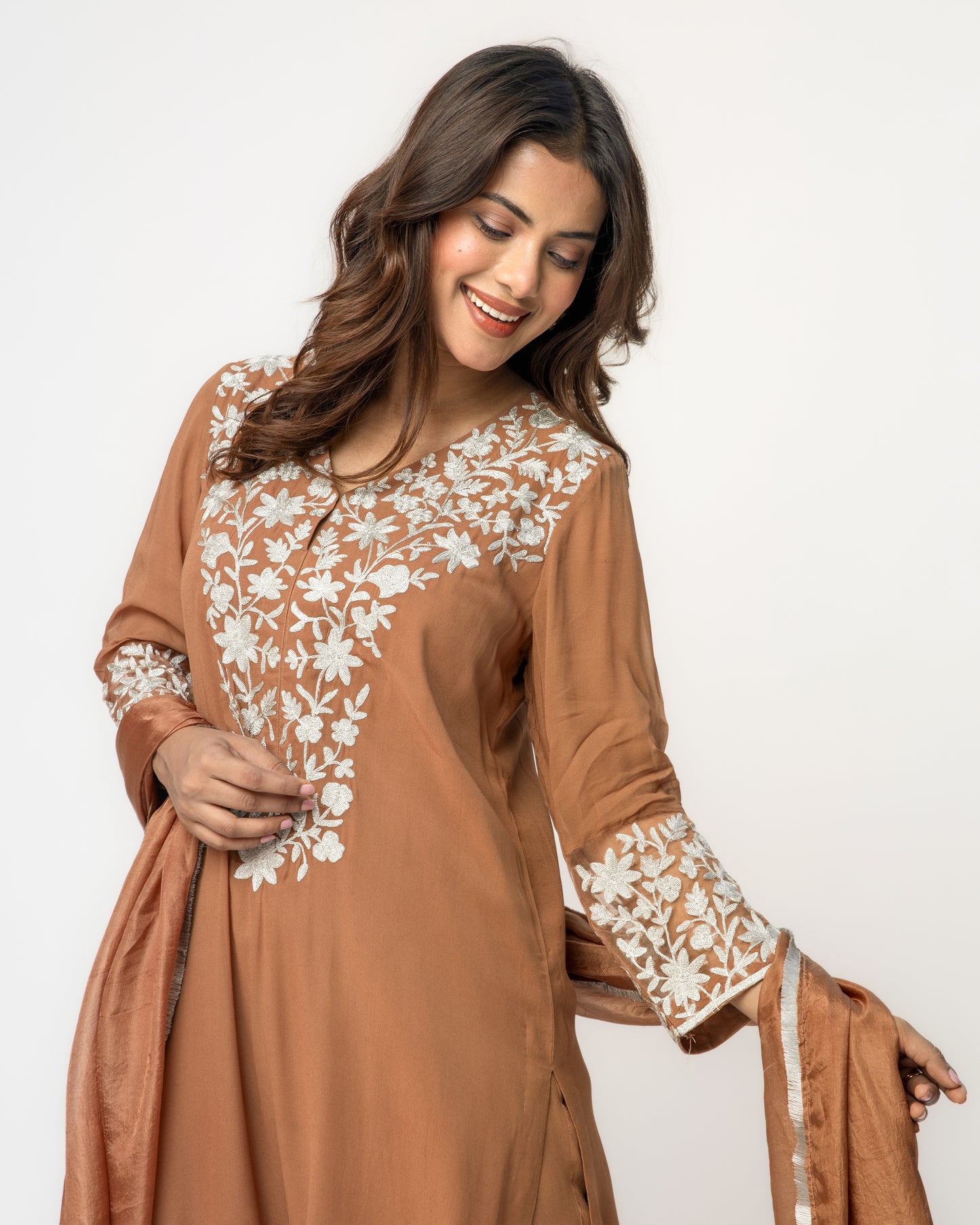 Brown Georgette Tunic Set with Silver Aari Work