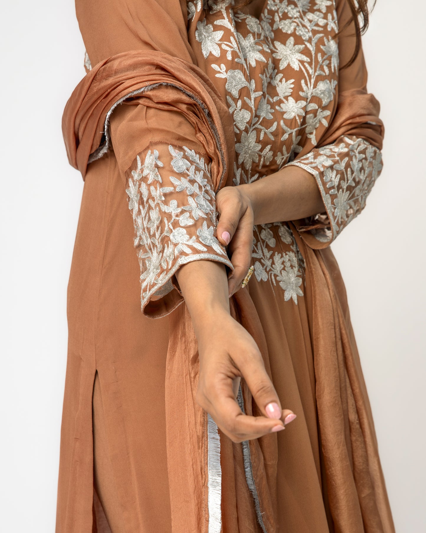 Brown Georgette Tunic Set with Silver Aari Work