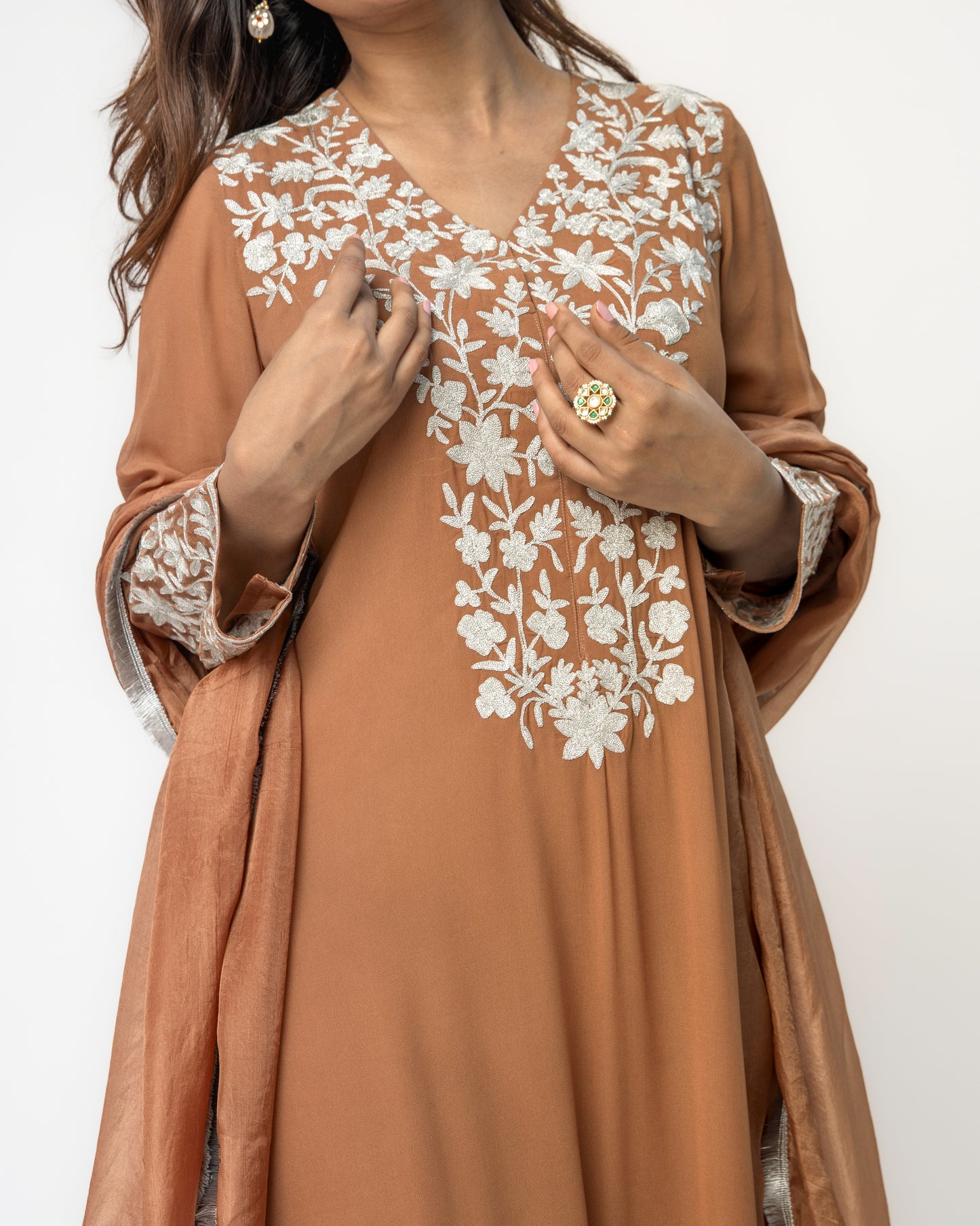 Brown Georgette Tunic Set with Silver Aari Work